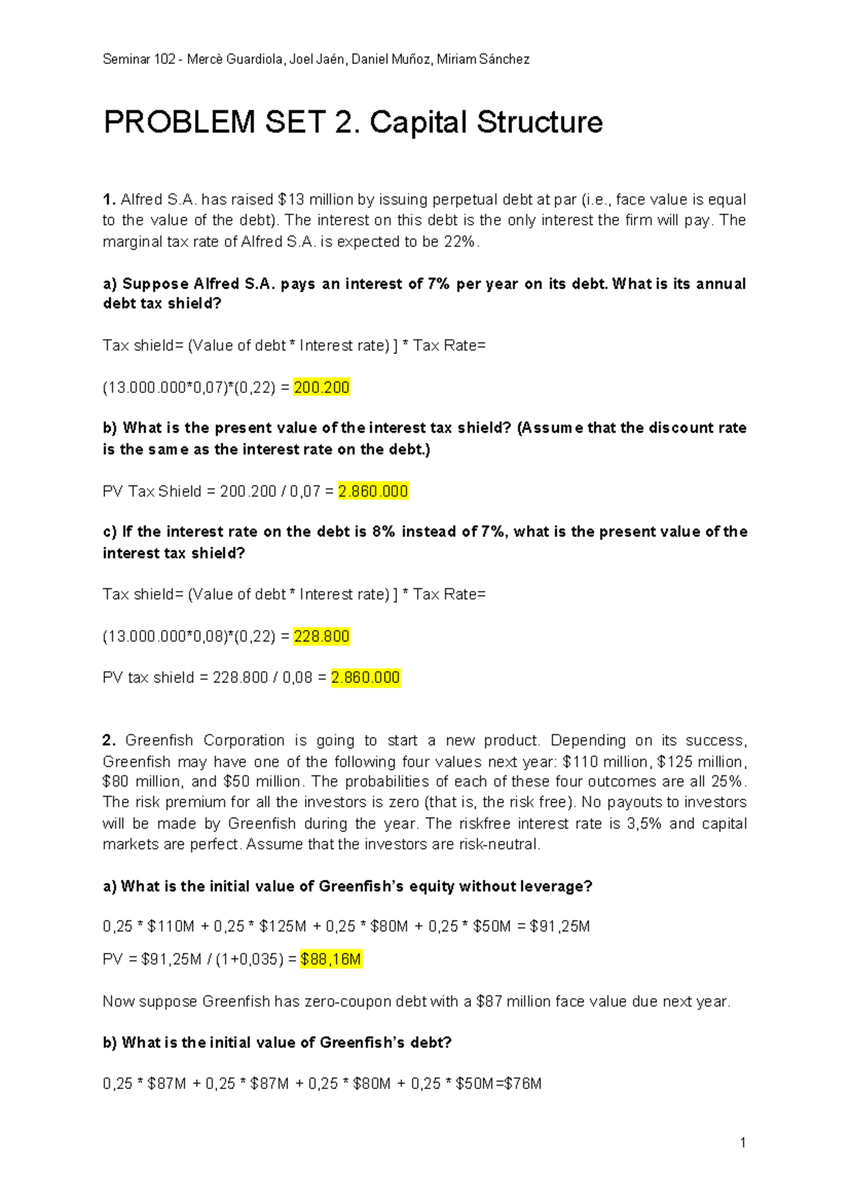 Problem set 2 - Resolt - PROBLEM SET 2. Capital Structure 1. Alfred S ...