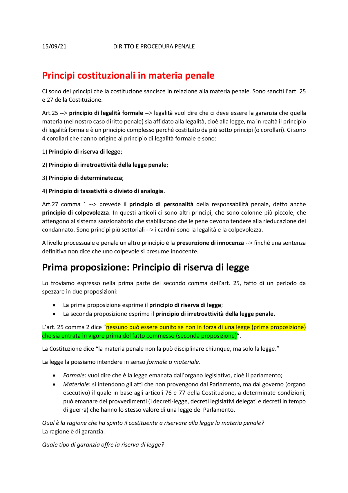 Diritto Penale Appunti 15 Settembre 2021 - 15/09/21 DIRITTO E PROCEDURA ...