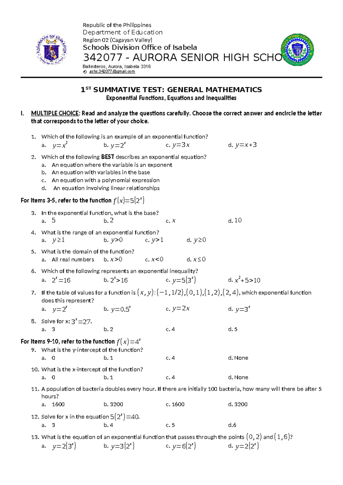 Sum 1 - Summative Gen Math - Republic of the Philippines Department of ...