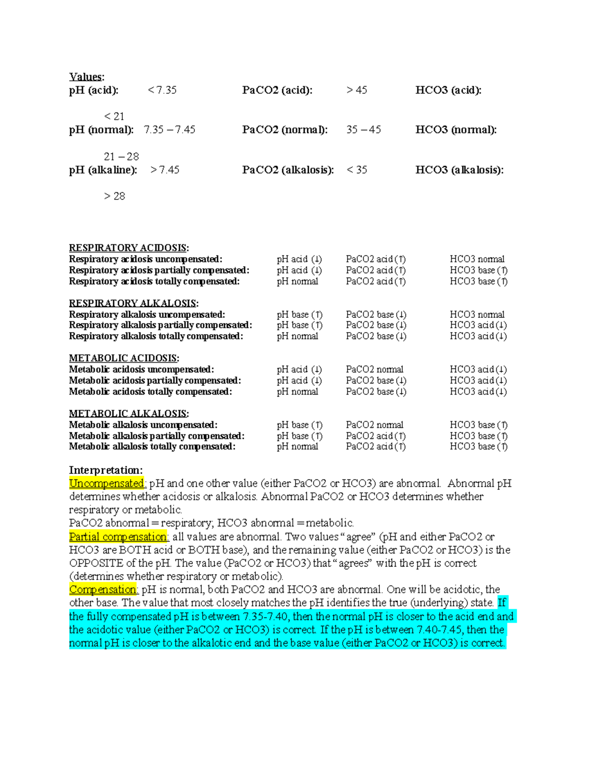 Acid Base-compensation handout - Values: pH (acid): 45 HCO3 (acid):