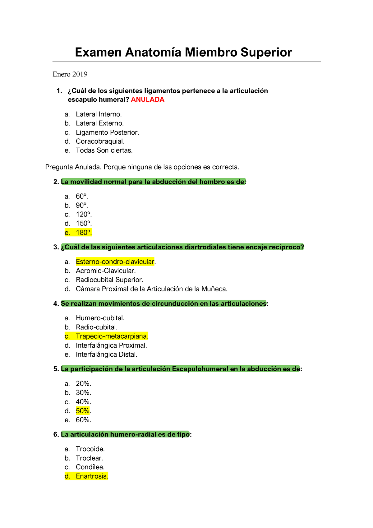 Preguntas Superio R Importante Examen Anatomía Miembro Superior Enero Cuál de los