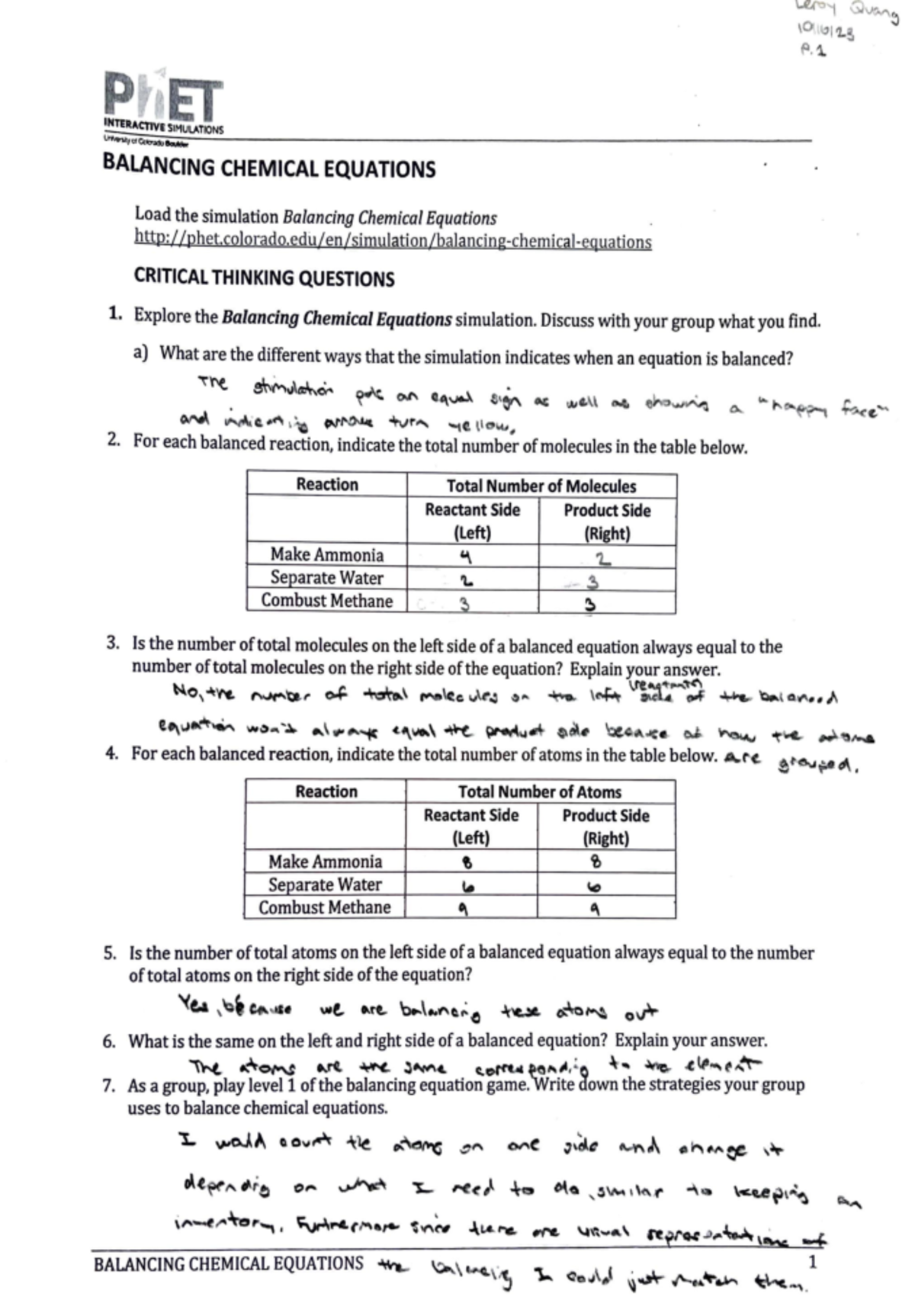 Balancing Chemical Equations PHET - Pv~ ET I,.._,NTERl