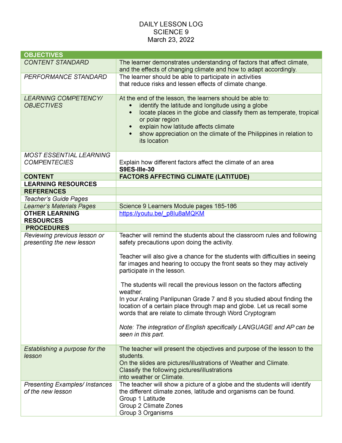 Factors Affecting Climate- Latitude - DAILY LESSON LOG SCIENCE 9 March ...