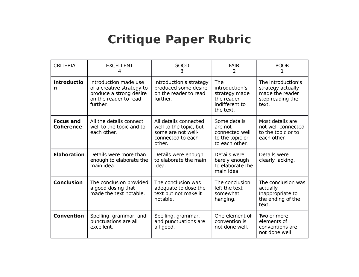 critique essay rubric