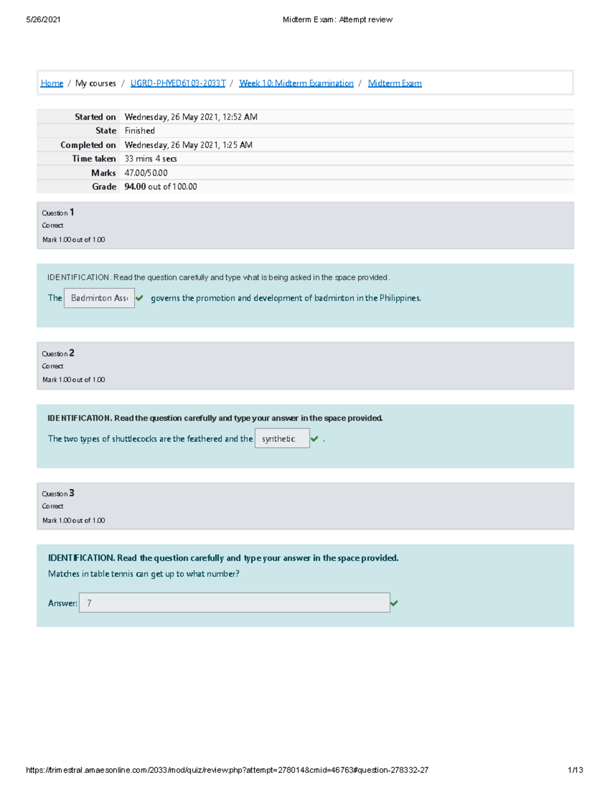 Individual Dual Sports Midterm Exam Attempt Review - Home/My Courses ...