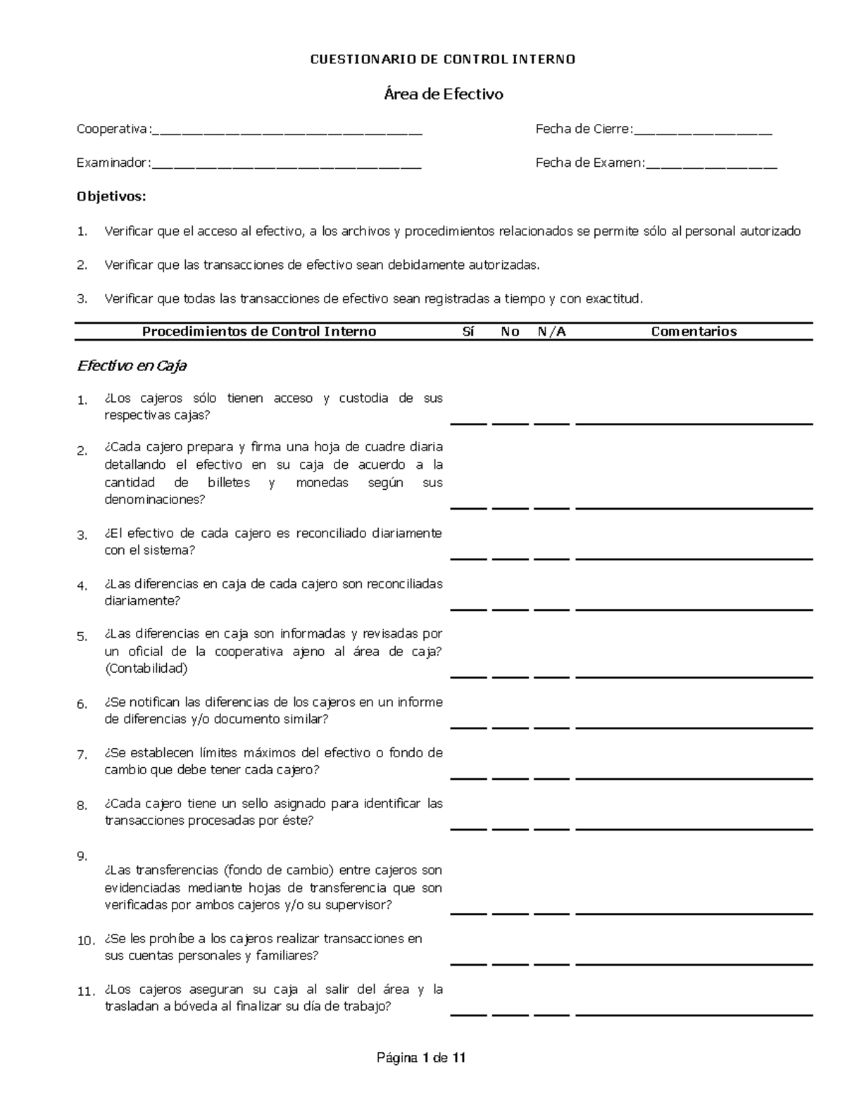 Cuestionario Control Interno DE CAJA Y Bancos - Cooperativa