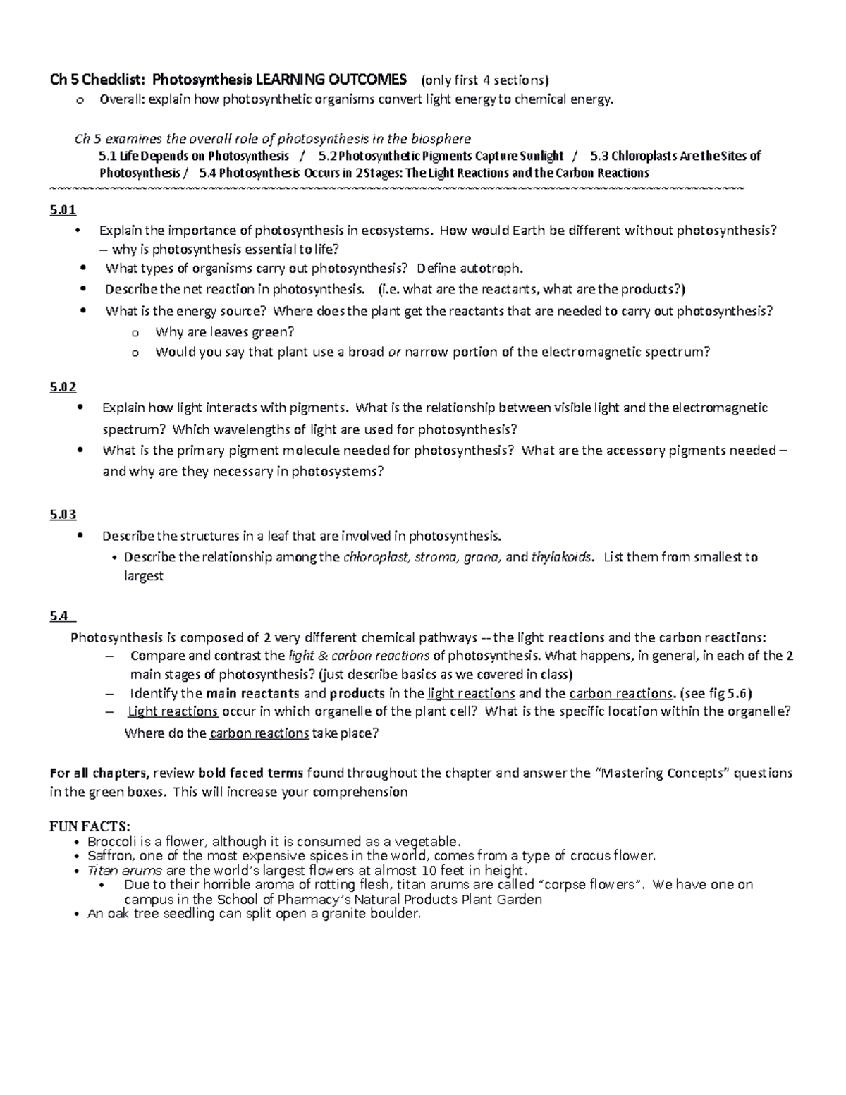 Ch5 study guide - Ch 5 Checklist: Photosynthesis LEARNING OUTCOMES ...