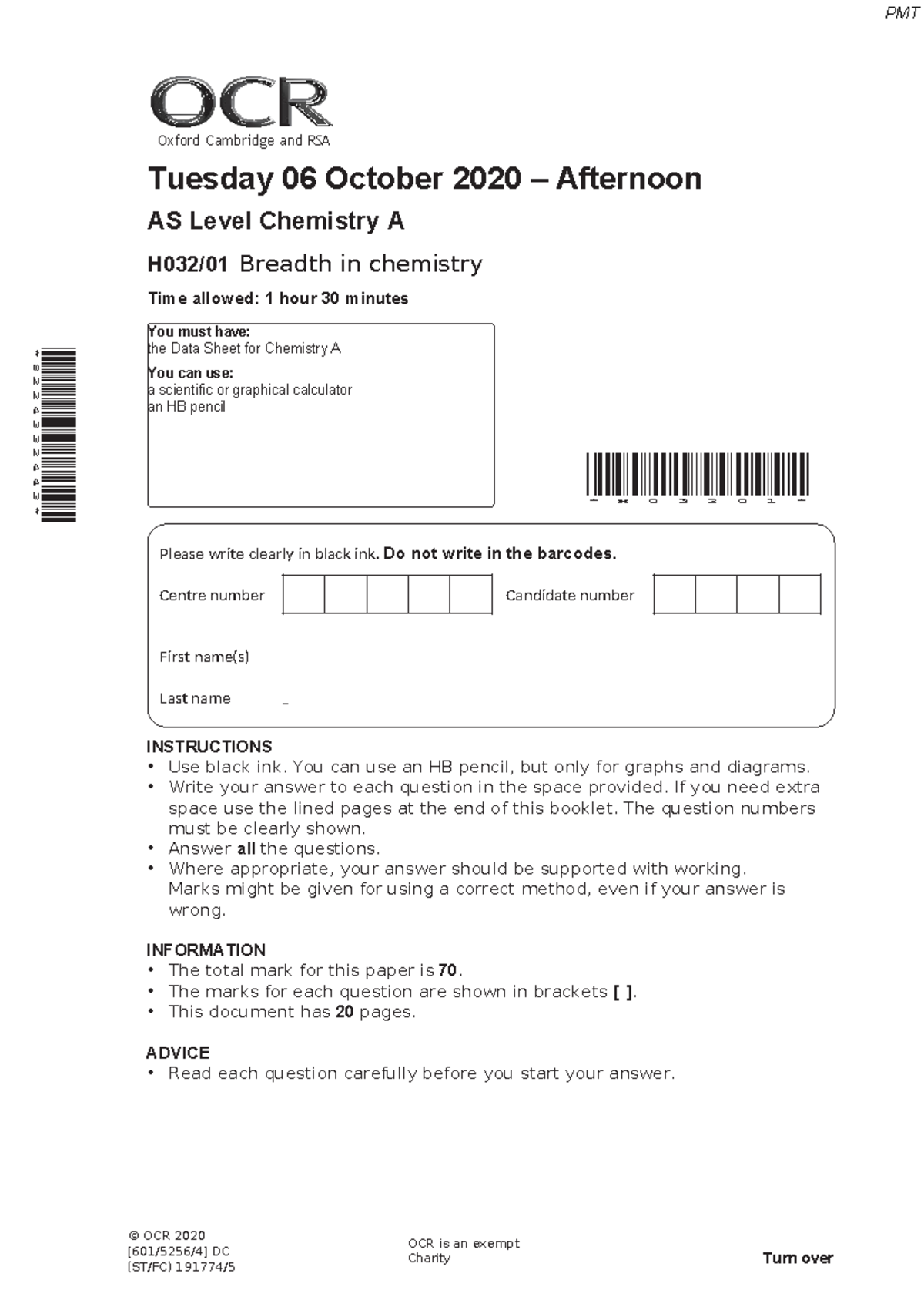 November 2020 QP - Paper 1 OCR (A) Chemistry AS-level - Please write ...