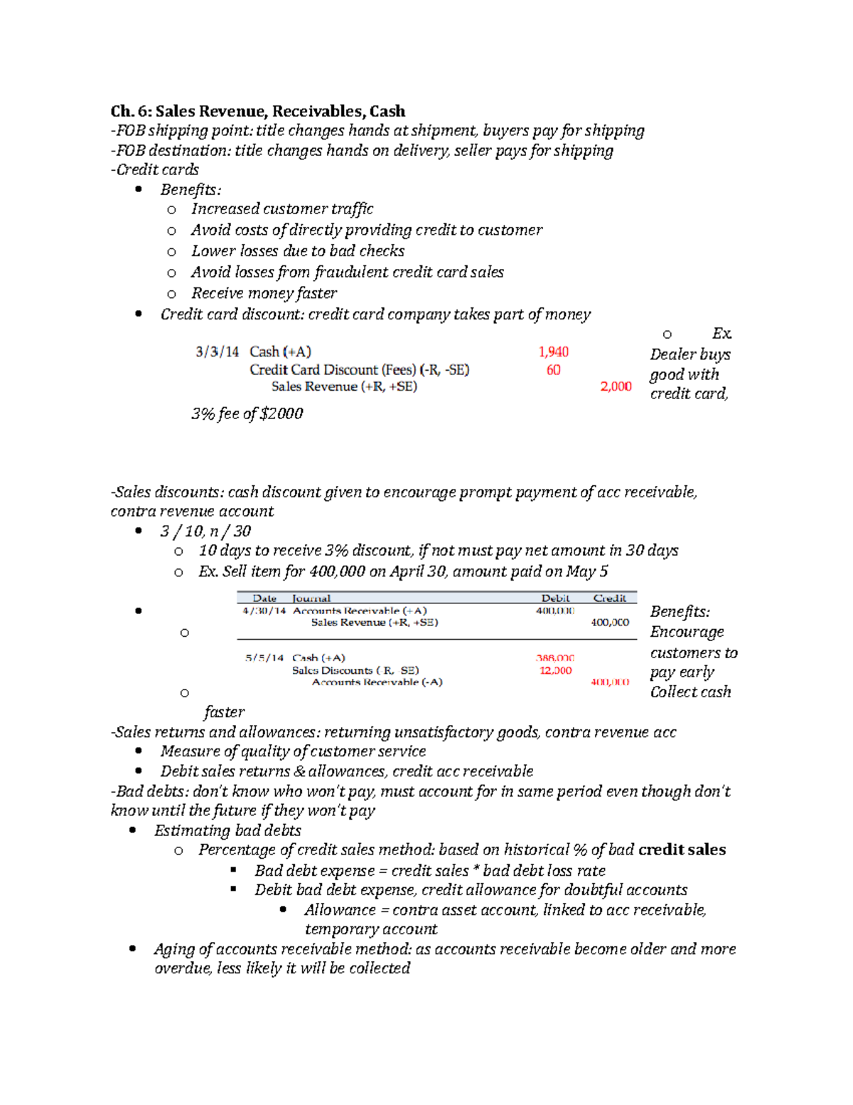 ACCT 2610 Review Guide for Exam 2 - Ch. 6: Sales Revenue, Receivables ...