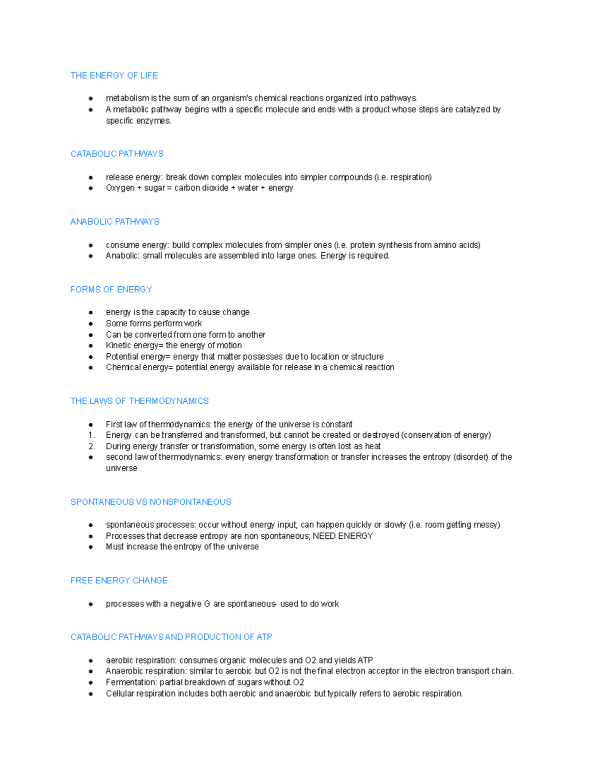 Bio One Chapter 8 Notes - Dr. Hegna Lecture - The Energy Of Life 