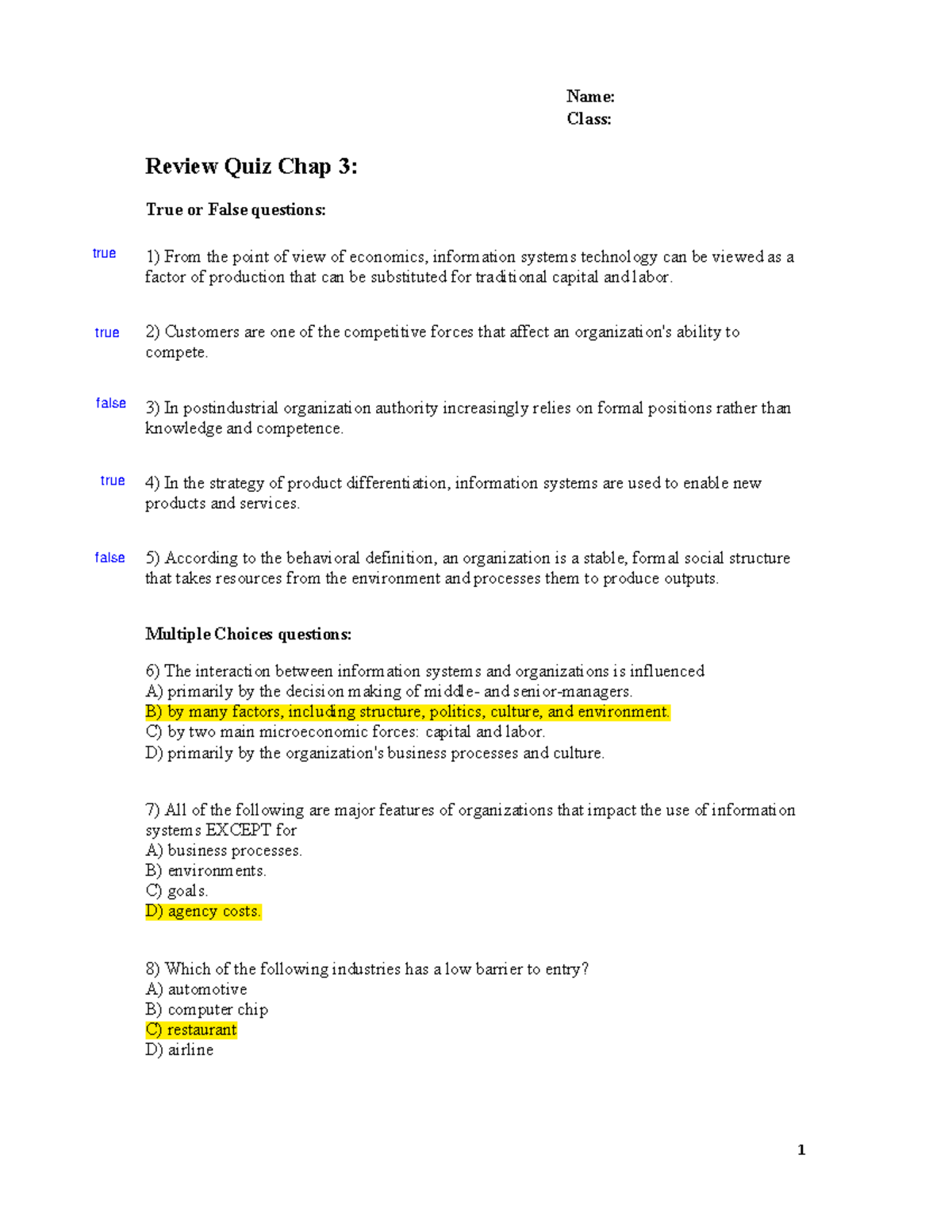 Unit 3 Review Questions 1 Name Class Review Quiz Chap 3 True or