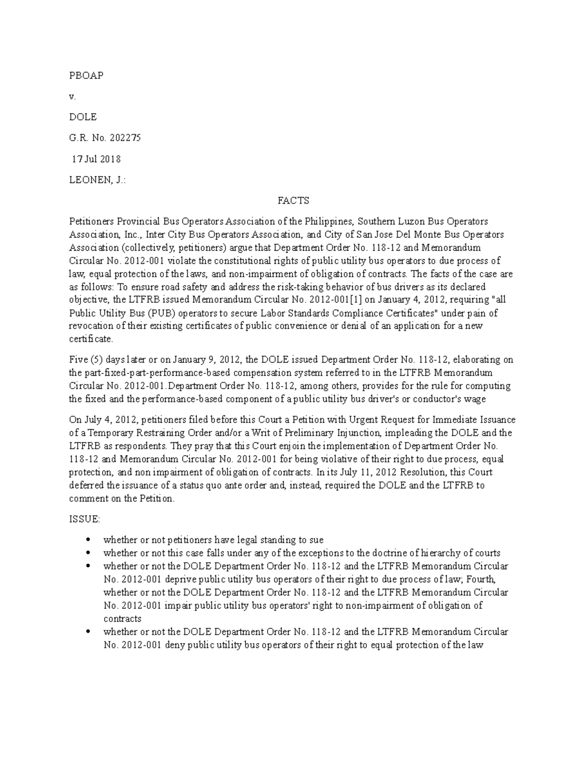 Pboap V DOLE - CASE DIGEST - PBOAP v. DOLE G. No. 202275 17 Jul 2018 ...