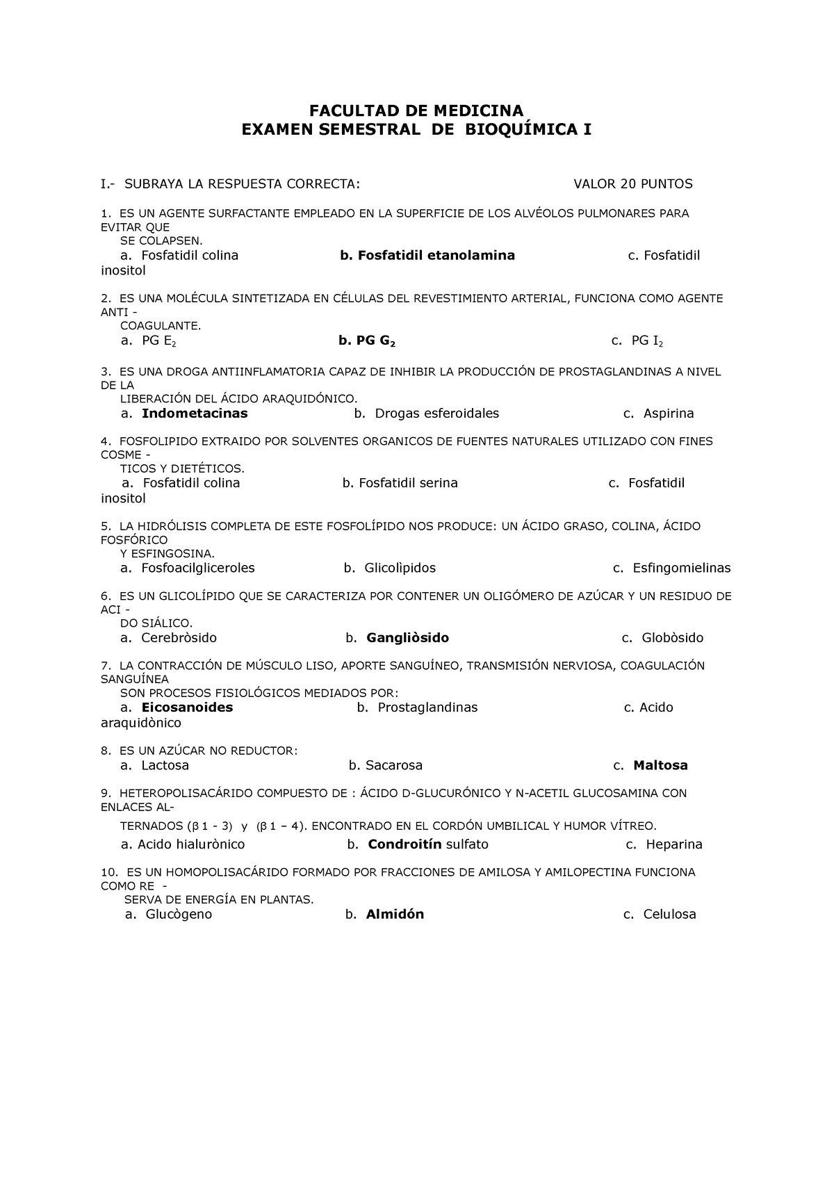 Examen Segundo Parcial DE Bioquimica - FACULTAD DE MEDICINA EXAMEN ...