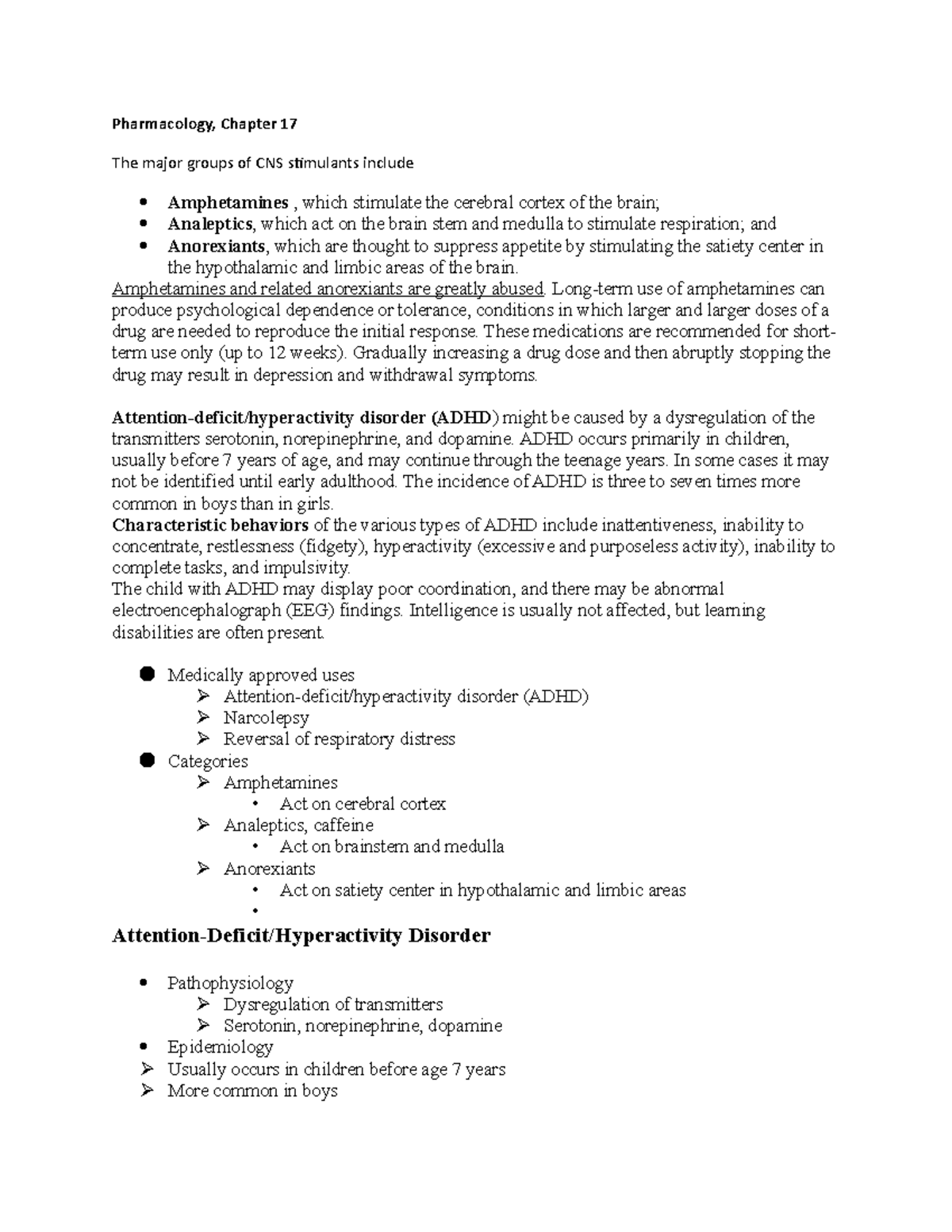 Pharmacology, ch. 17 stimulants - Pharmacology, Chapter 17 The major ...