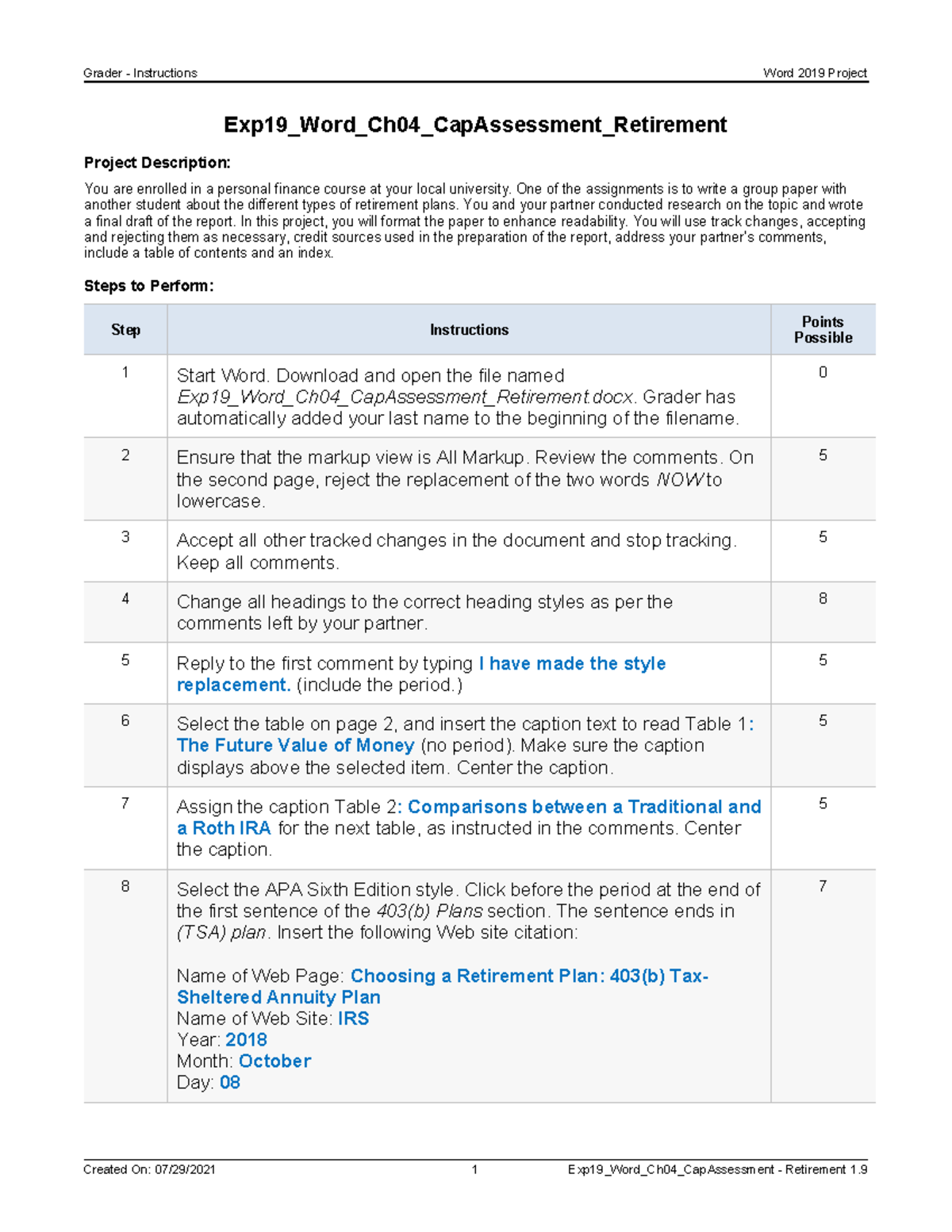 Exp19 Word Ch04 Cap Assessment Retirement Instructions Grader