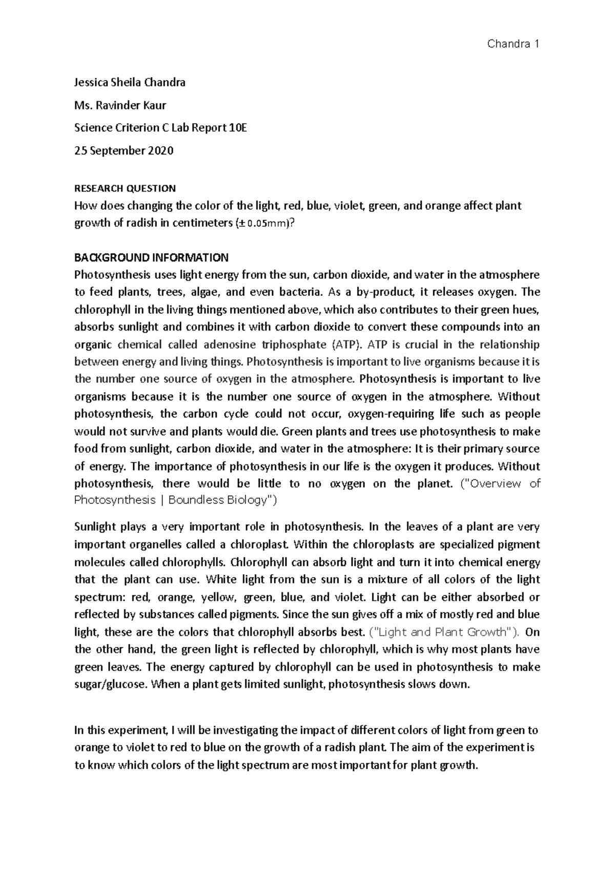 Science LAB Report Jessica Sheila Chandra Ms. Ravinder Kaur Science