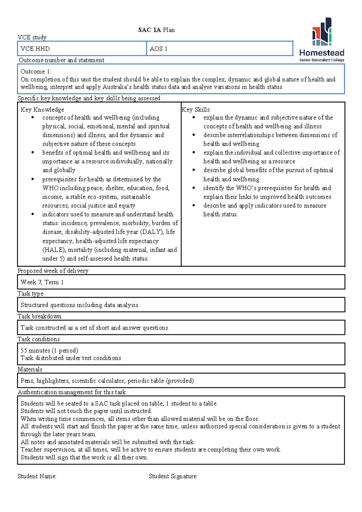 Cover sheets SAC 1A Plan VCE study VCE HHD AOS 1 number and statement 1 On