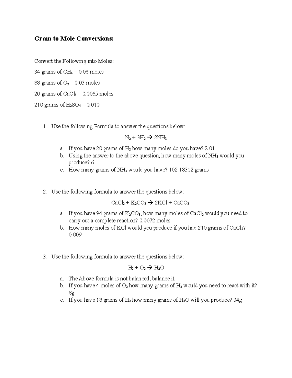 Molar Conversions Worksheet Gram to Mole Conversions Convert the Following into Moles 34
