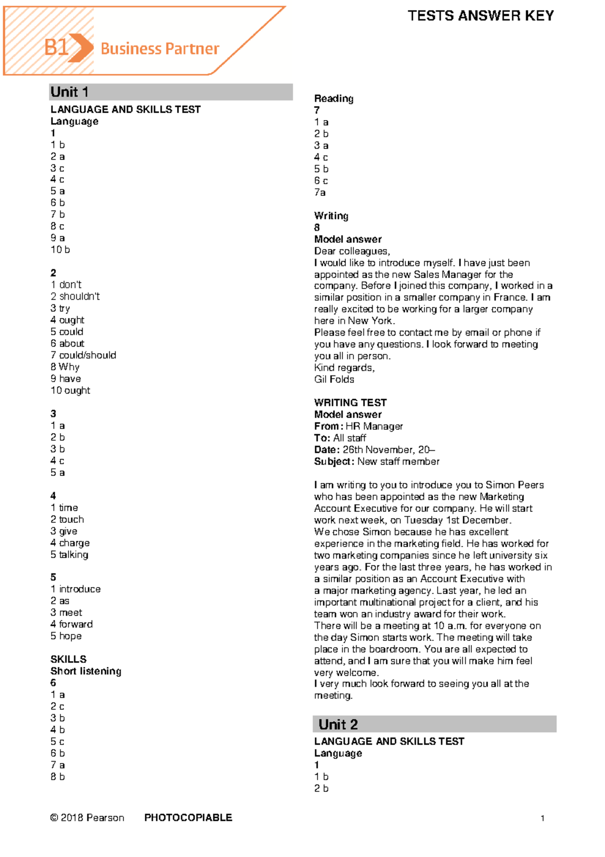 BP B1 Tests Answer Key - test for all units - Unit 1 LANGUAGE AND ...