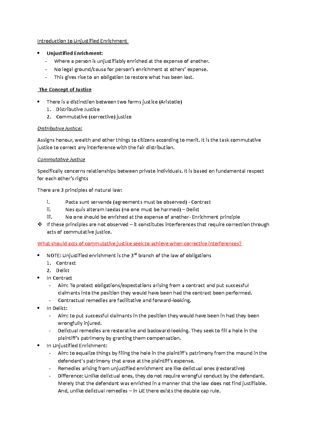 Unit 1 Summary - Introduction to Unjustified Enrichment Unjustified ...