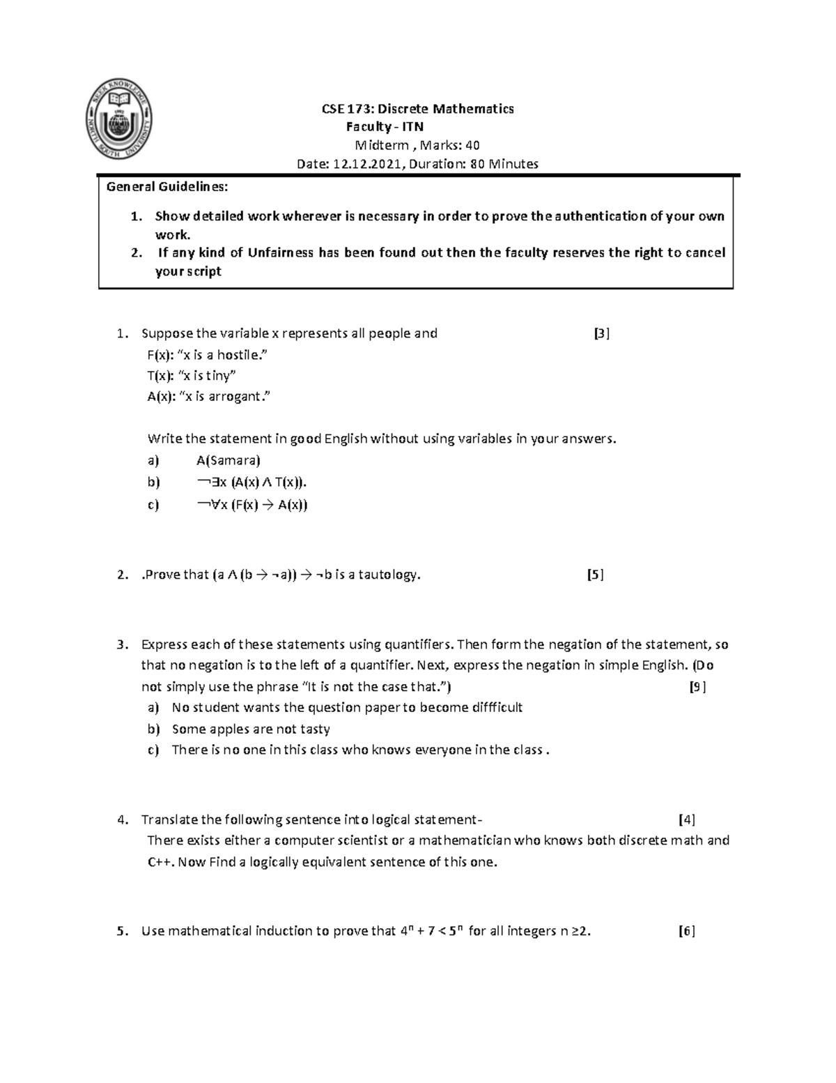 Sample Midterm - CSE 173: Discrete Mathematics Faculty - ITN Midterm ...