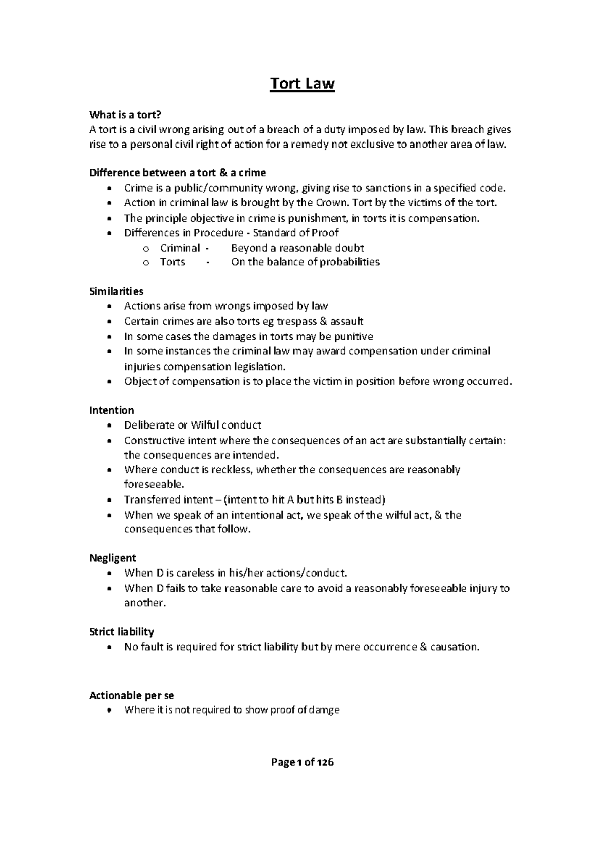 Law of Torts - LLB - Study Notes - Page 1 of 126 What is a tort? A tort ...