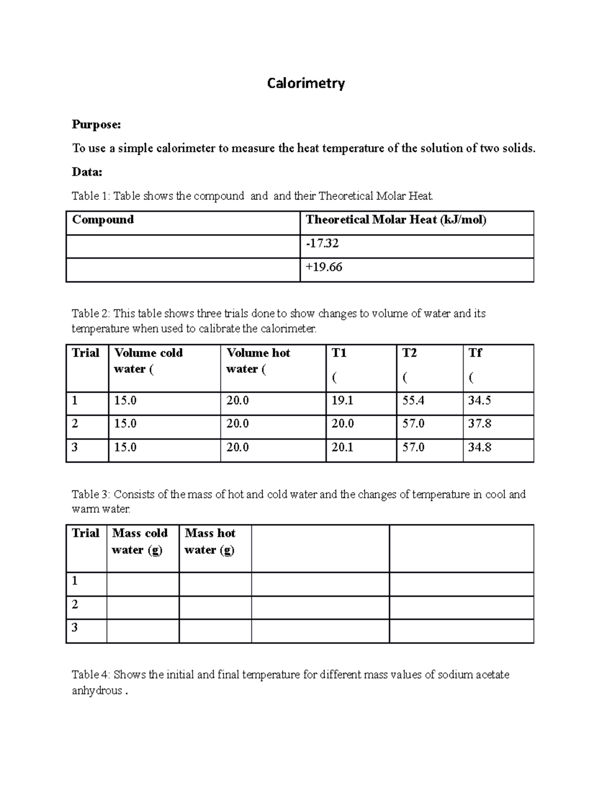 Calorimetry pre lab Pre lab Calorimetry Purpose To use a simple