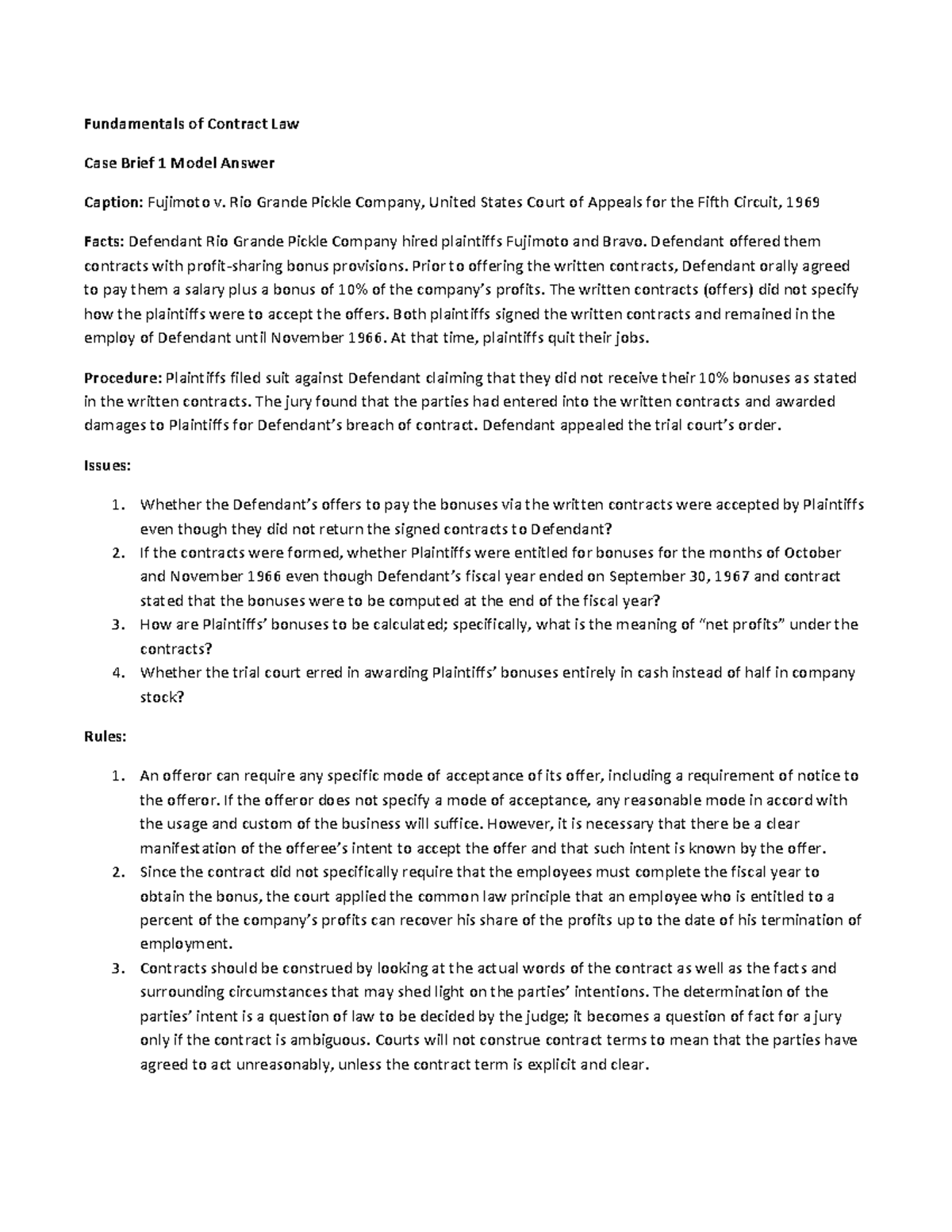 Fujimoto Pickle Case Brief Model Answer - Fundamentals of Contract Law ...