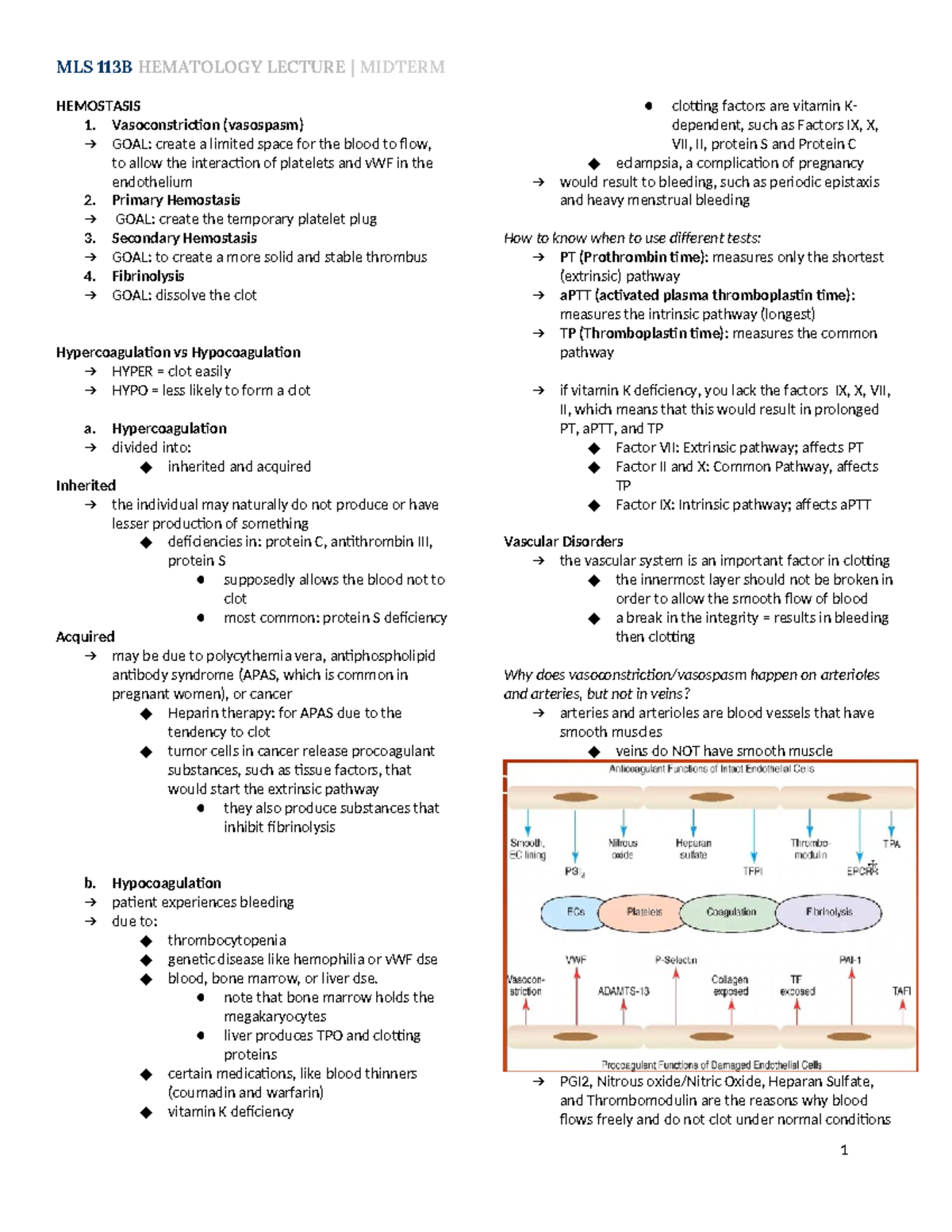 MLS 113B Hematology - HEMOSTASIS 1. Vasoconstriction (vasospasm) GOAL ...