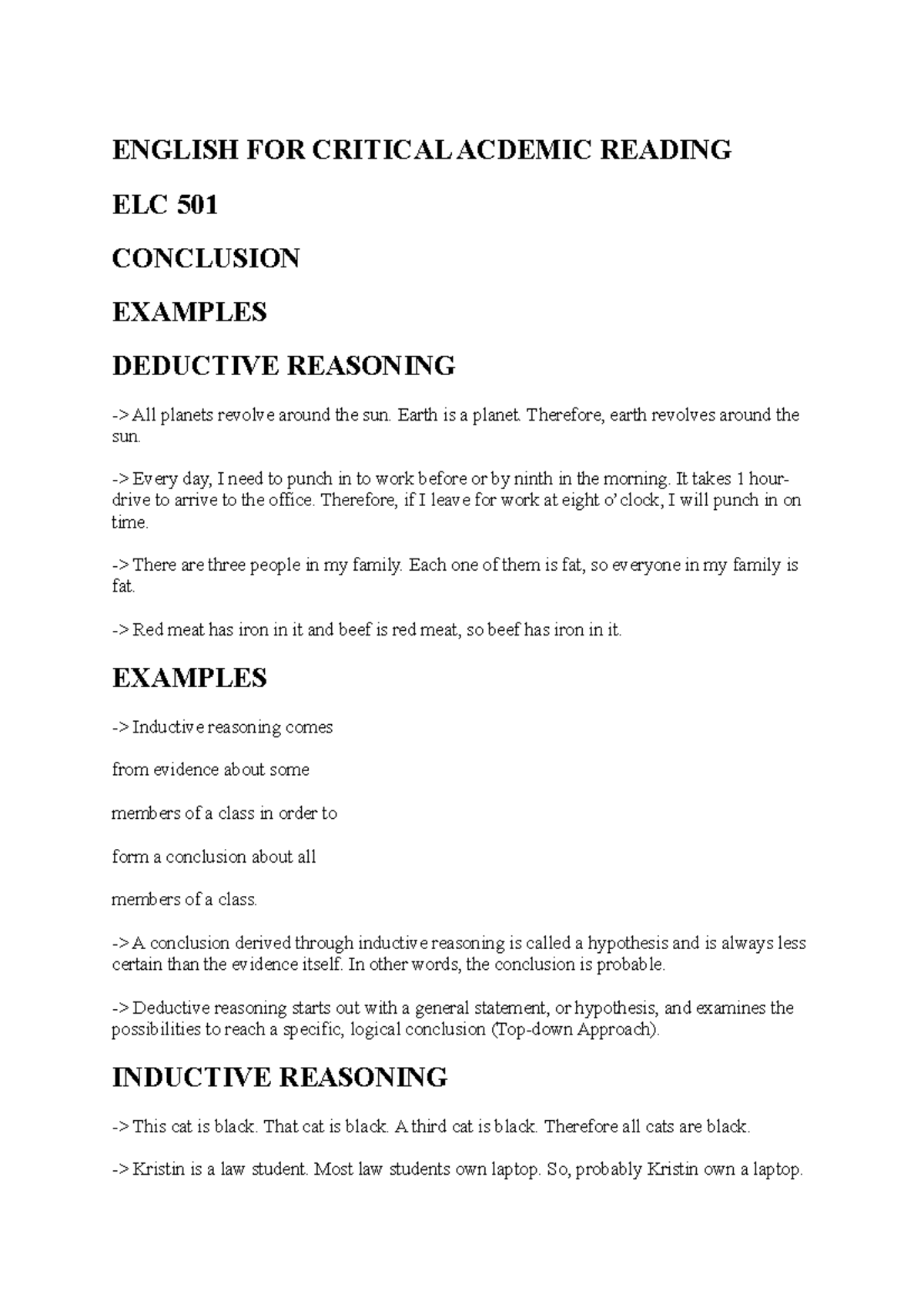 English FOR Critical Acdemic Reading Inductive AND Deductive ENGLISH FOR CRITICAL ACDEMIC