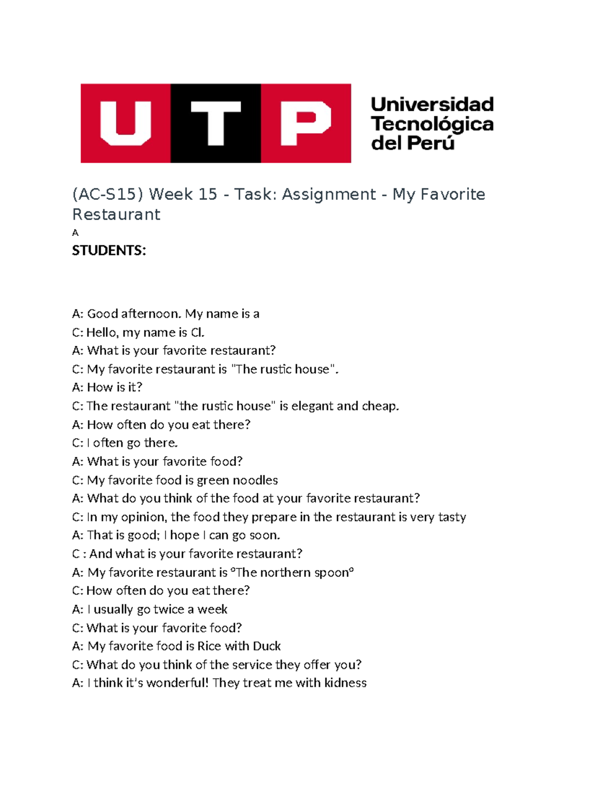 (AC-S15) Week 15 - Task Assignment - My Favorite Restaurant - (AC-S15 ...
