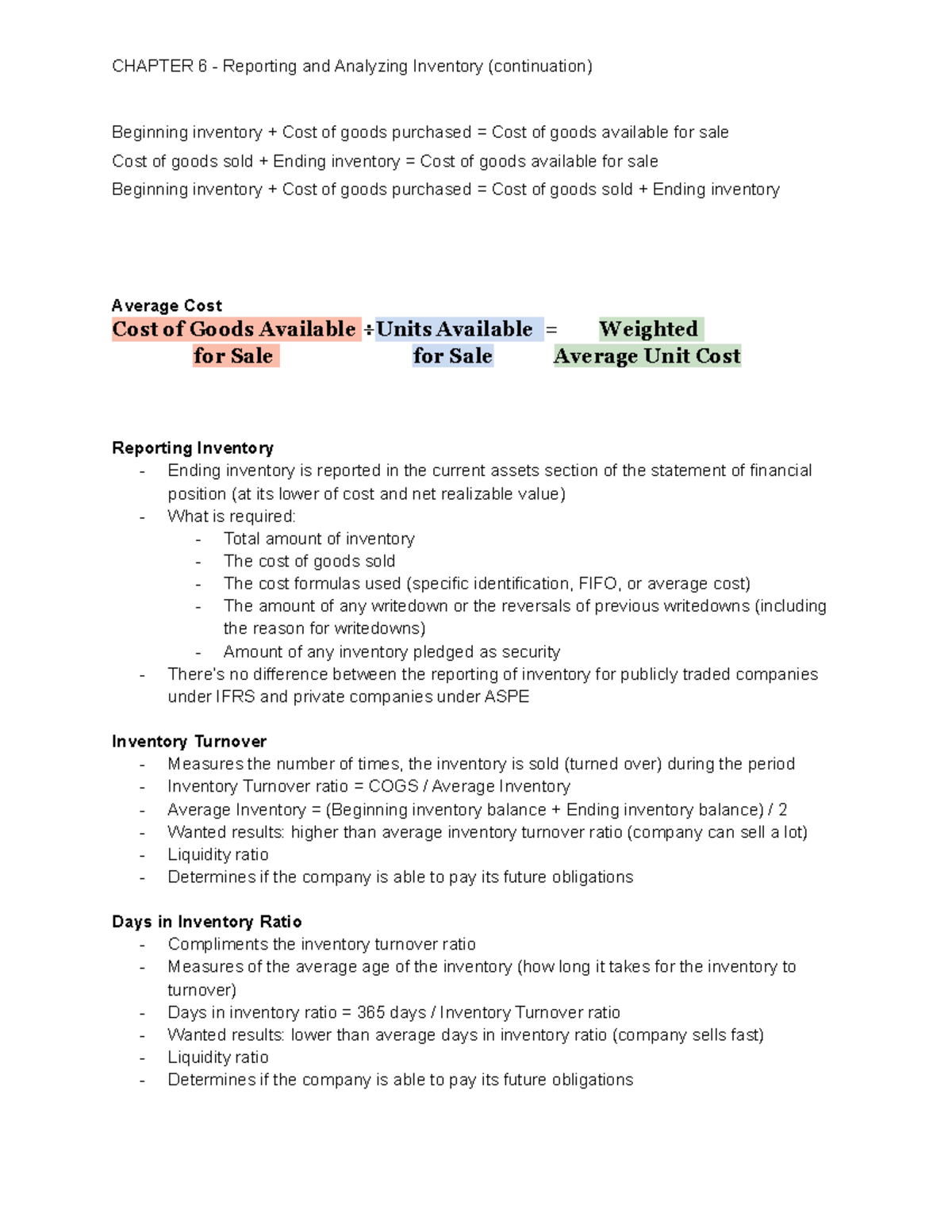 Chapter 6 - Class notes - CHAPTER 6 - Reporting and Analyzing Inventory ...