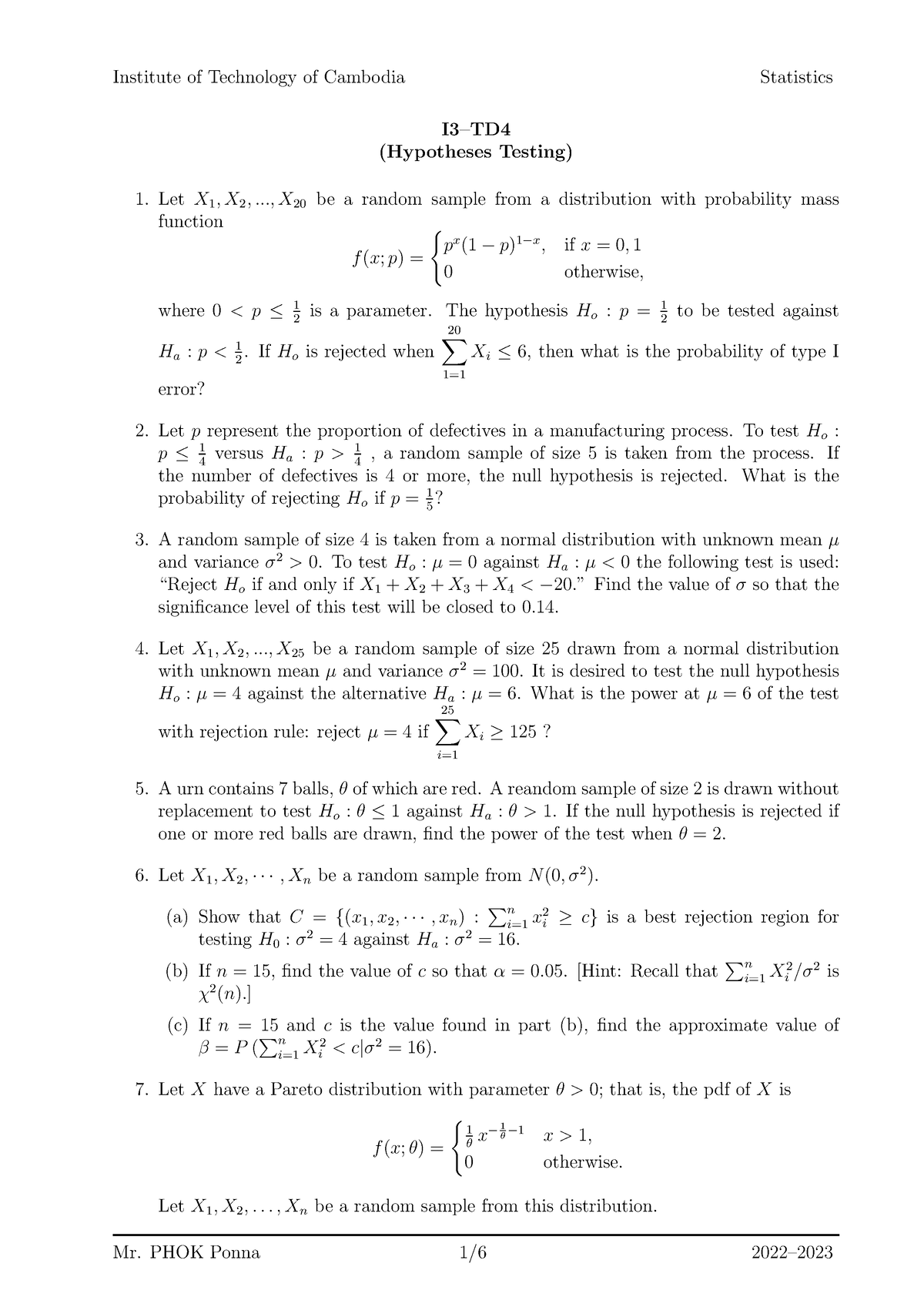 TD4 - TD4 - I3–TD (Hypotheses Testing) Let X 1 , X 2 , ..., X 20 be a ...