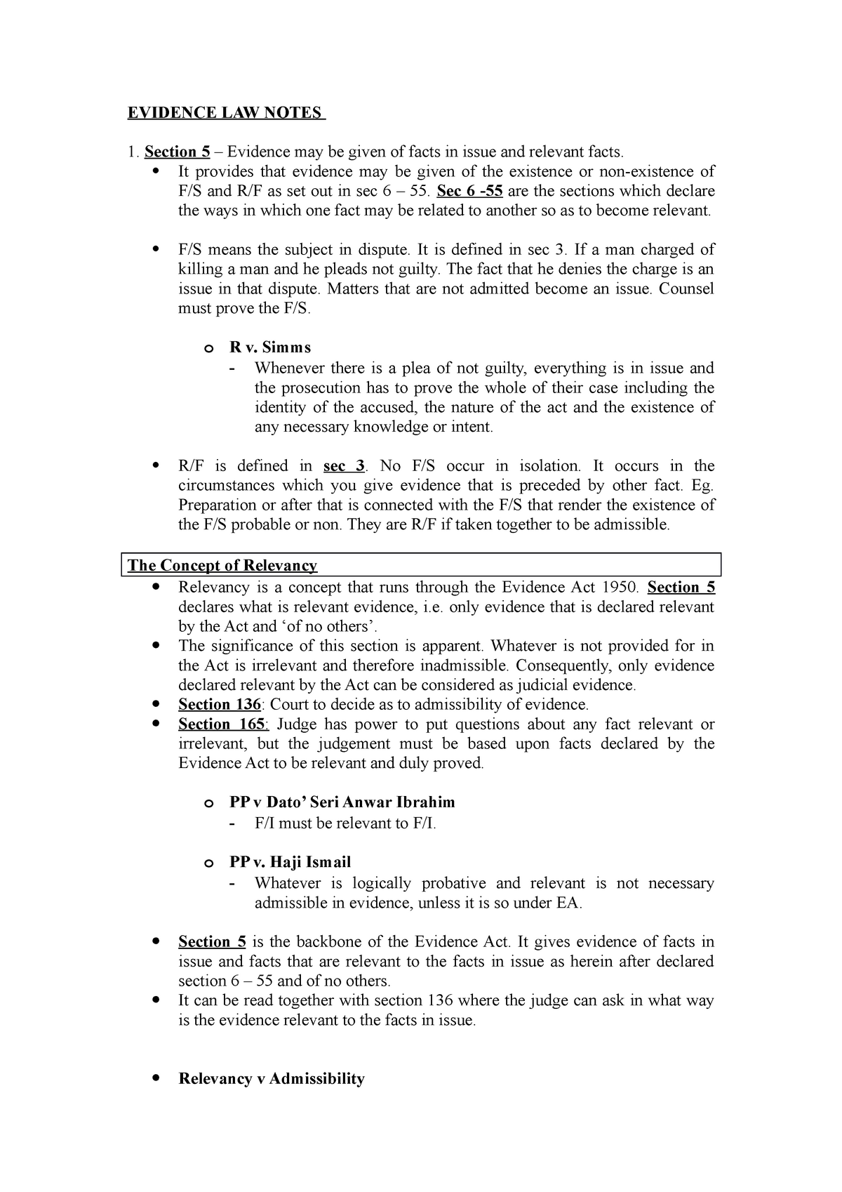 Evidence Notes (Compiled) Final - EVIDENCE LAW NOTES 1. Section 5 