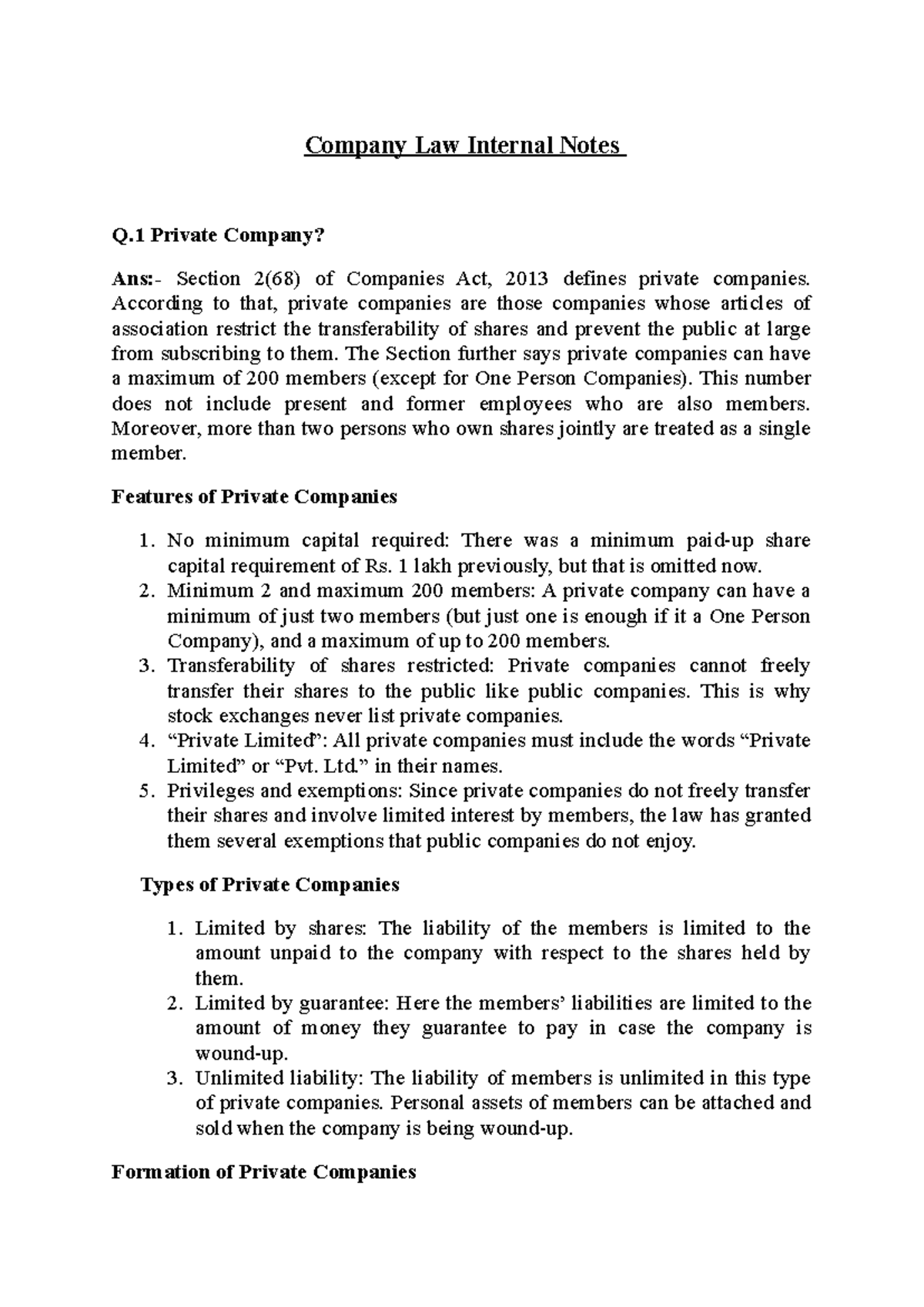 Company Law Internal Notes - According to that, private companies are ...