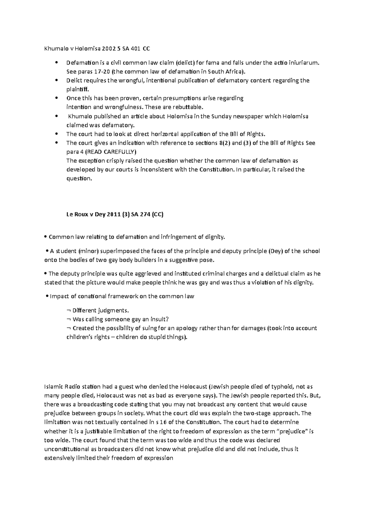 Summaries Of Concepts Covered - Khumalo V Holomisa 2002 5 Sa 401 Cc 