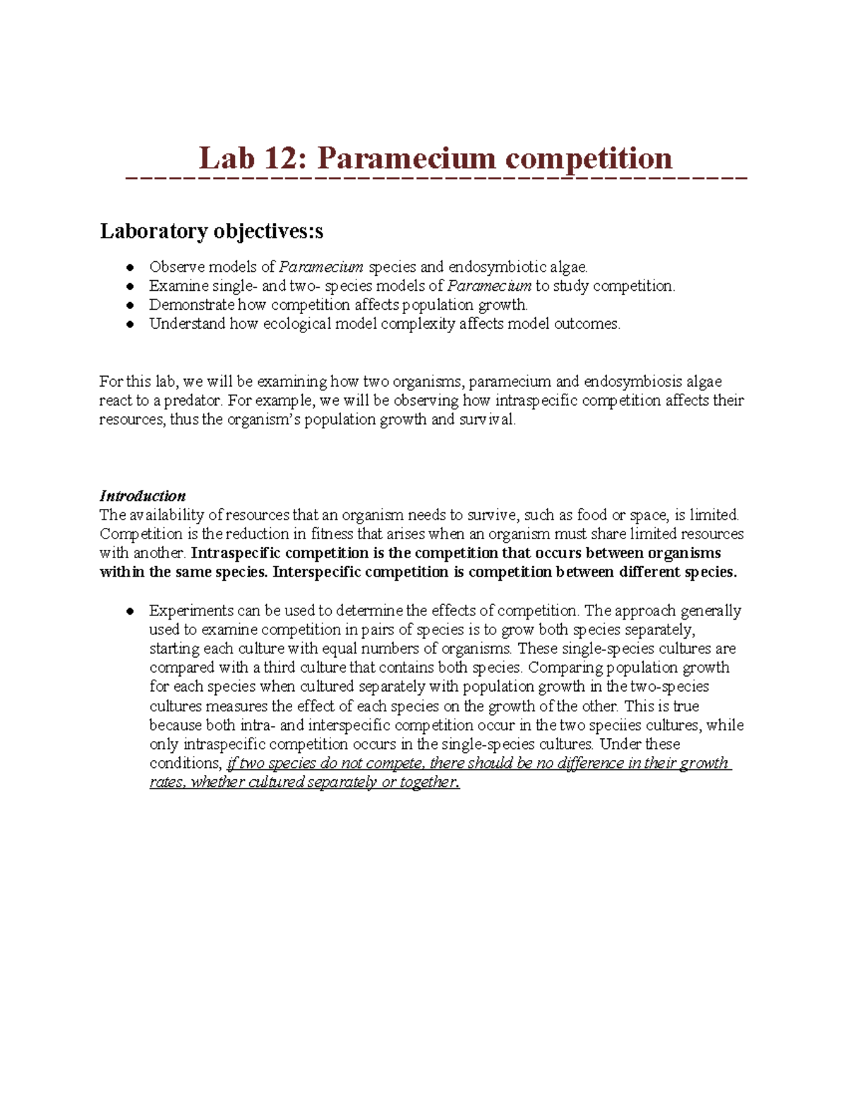 Lab 12 Paramecium competition - Lab 12: Paramecium competition ...