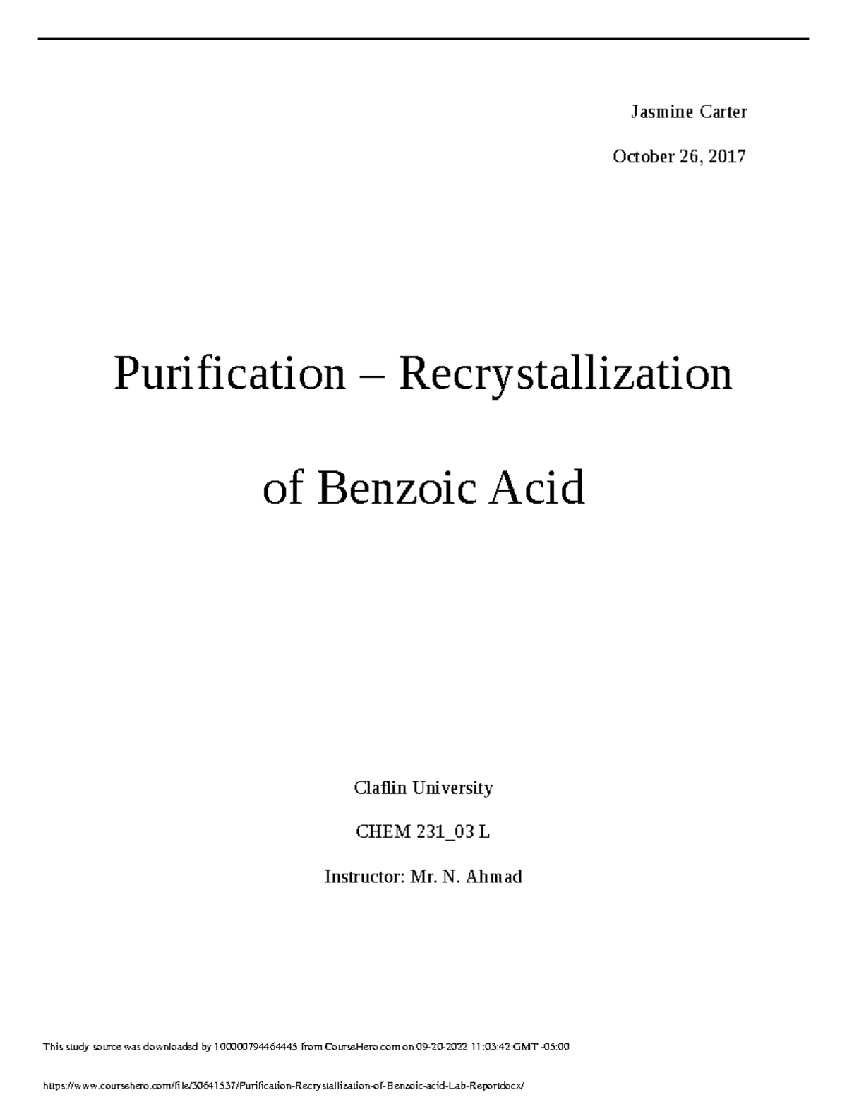 Purification Recrystallization of Benzoic acid Lab Report Jasmine