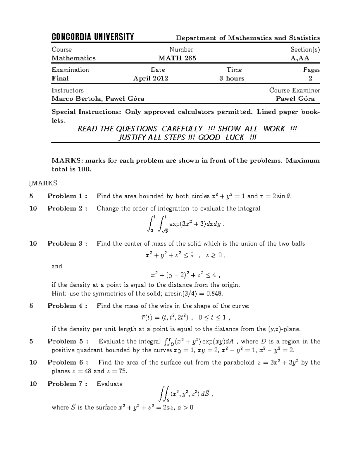 Final 2012, questions - CONCORDIA UNIVERSITY Department of Mathematics ...