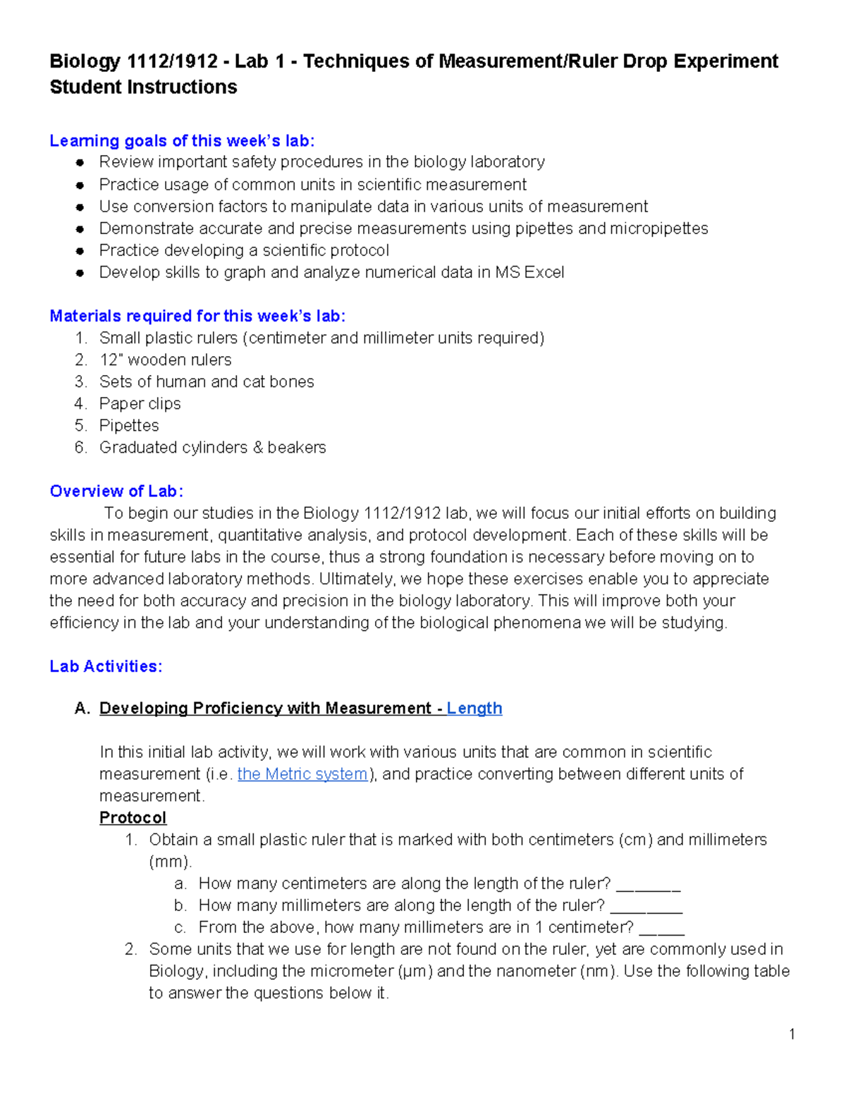 Lab 1 - Techniques of Measurement Ruler Drop - Student Instructions ...