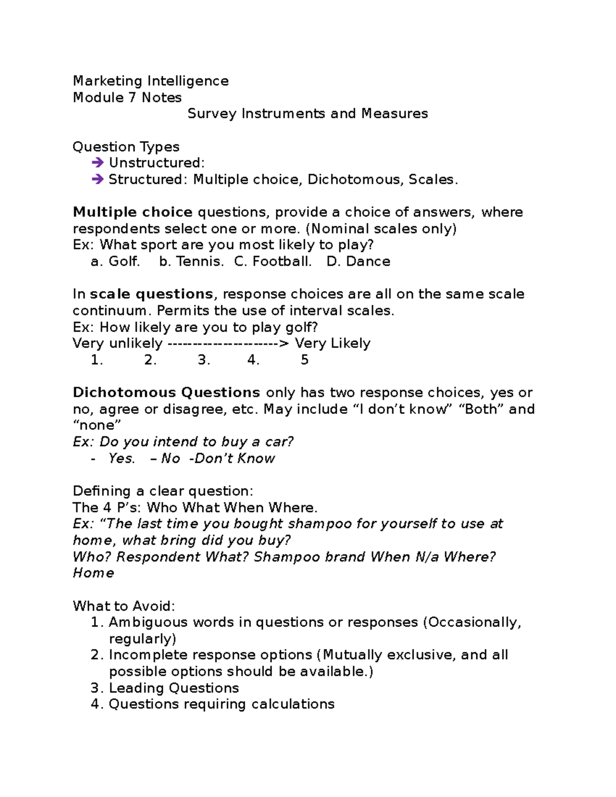 MKTG- Module 7 Notes - Marketing Intelligence Module 7 Notes Survey ...