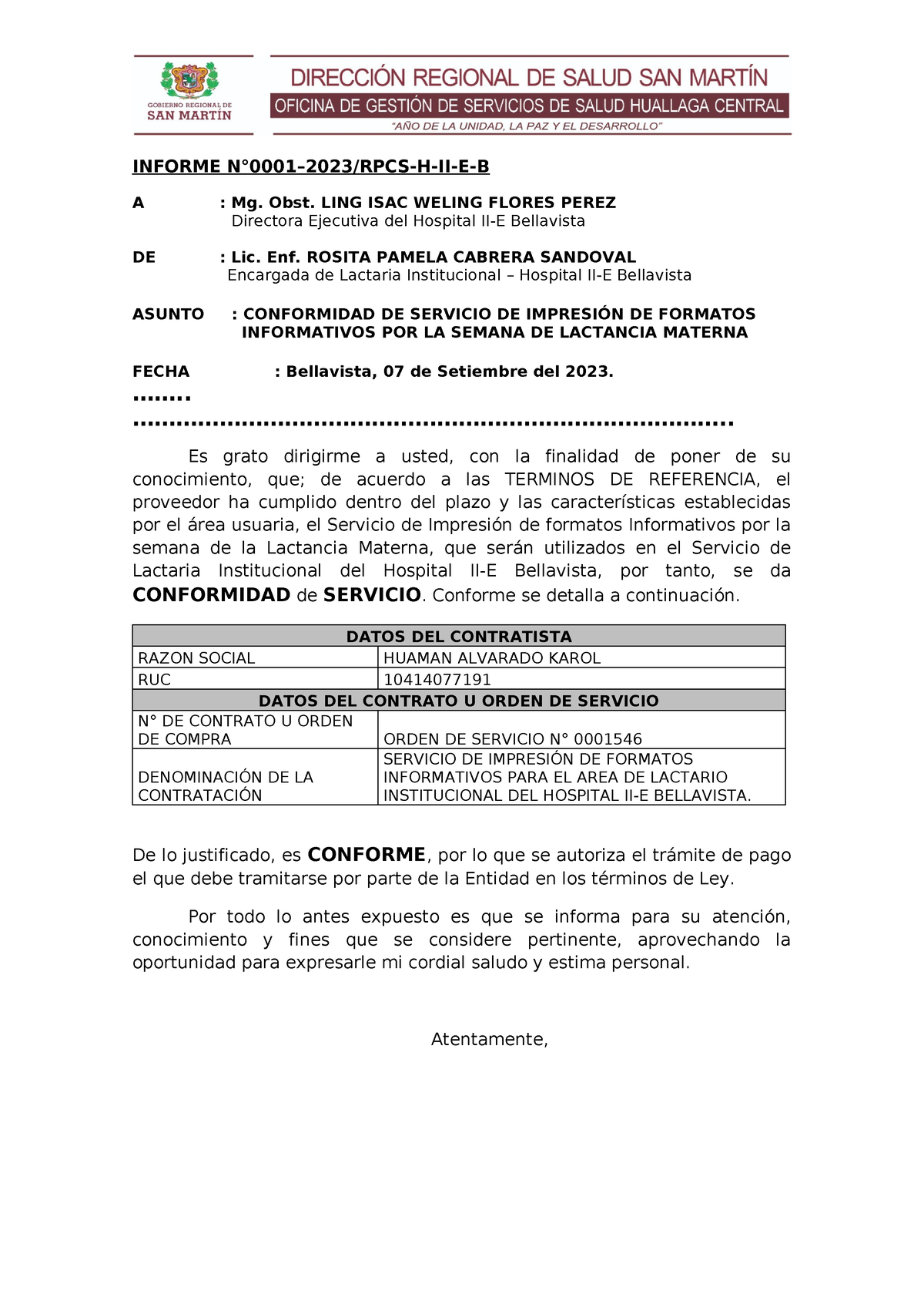 Informe Conformidad Servicio - Impresion - INFORME N°0001–2023/RPCS-H ...