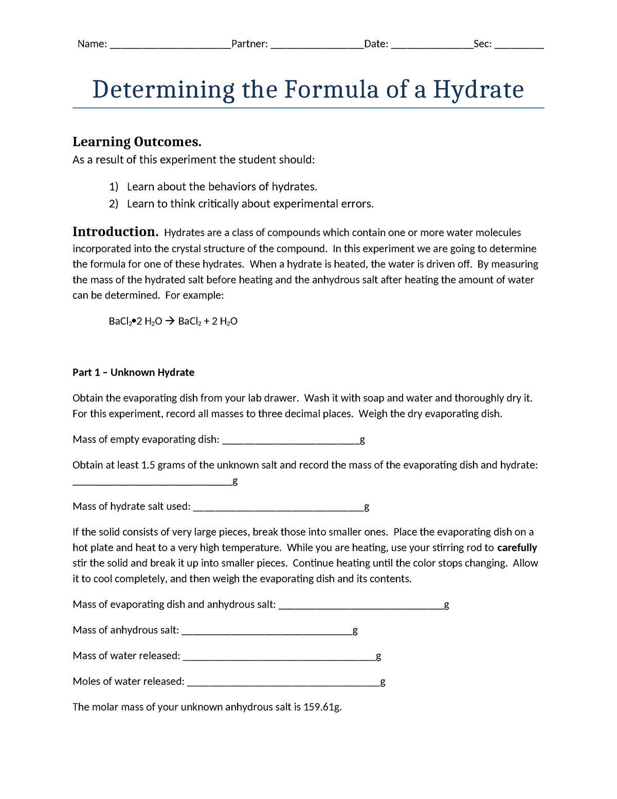 7 Determining The Formula Of A Hydrate - Name ...