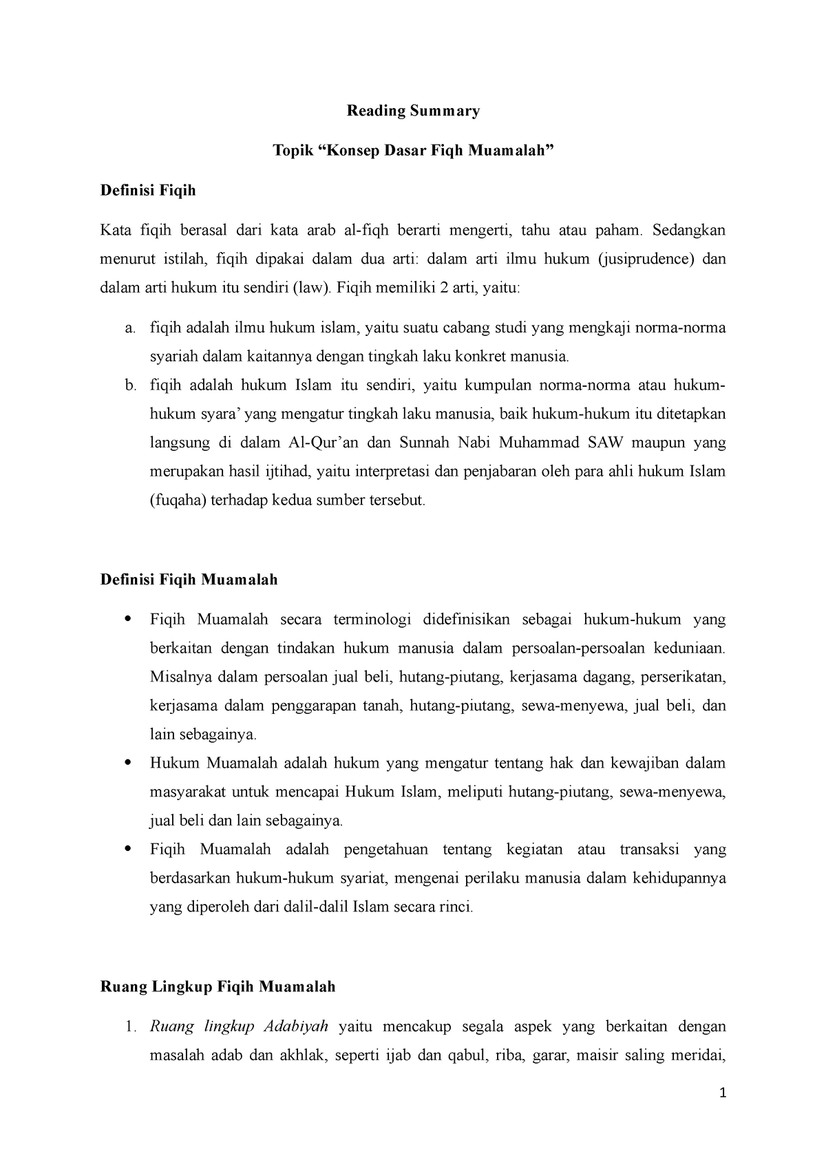 Reading Summary Konsep Dasar Fiqh Muamalah - Understanding Of Islamic ...