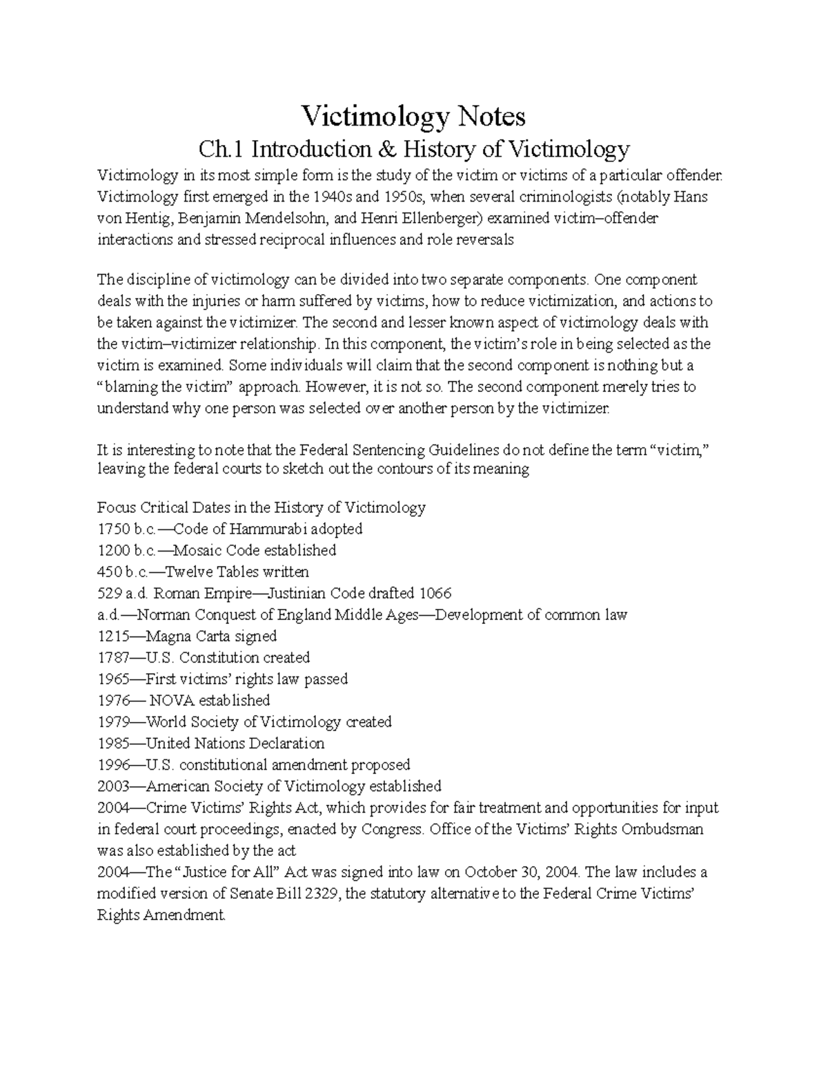 Victimology Notes For Ch - Victimology Notes Ch Introduction & History ...