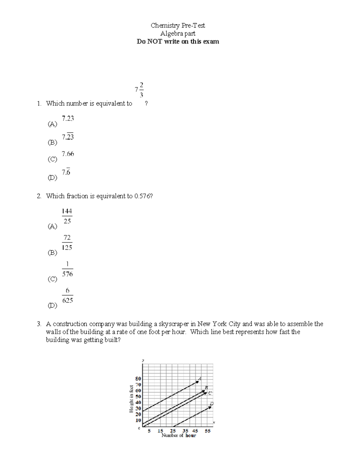 Algebra pre-test for Chem part I - Algebra part Do NOT write on this ...