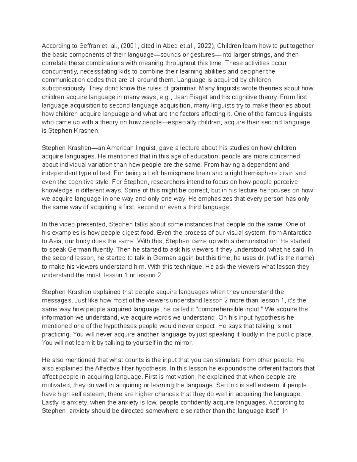 Stephen Krashen Language Acquisition Reflection - According to Seffran ...