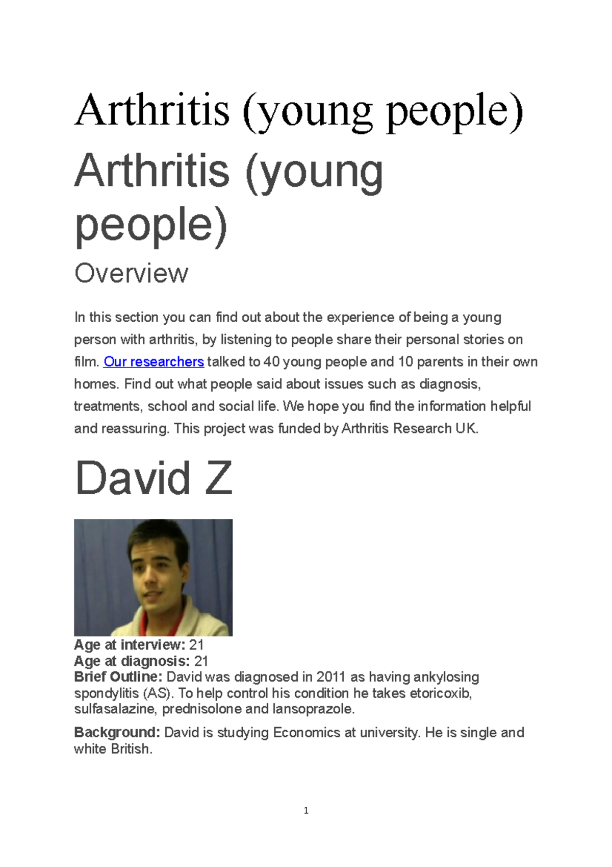 case studies Arthritis (young people) Arthritis