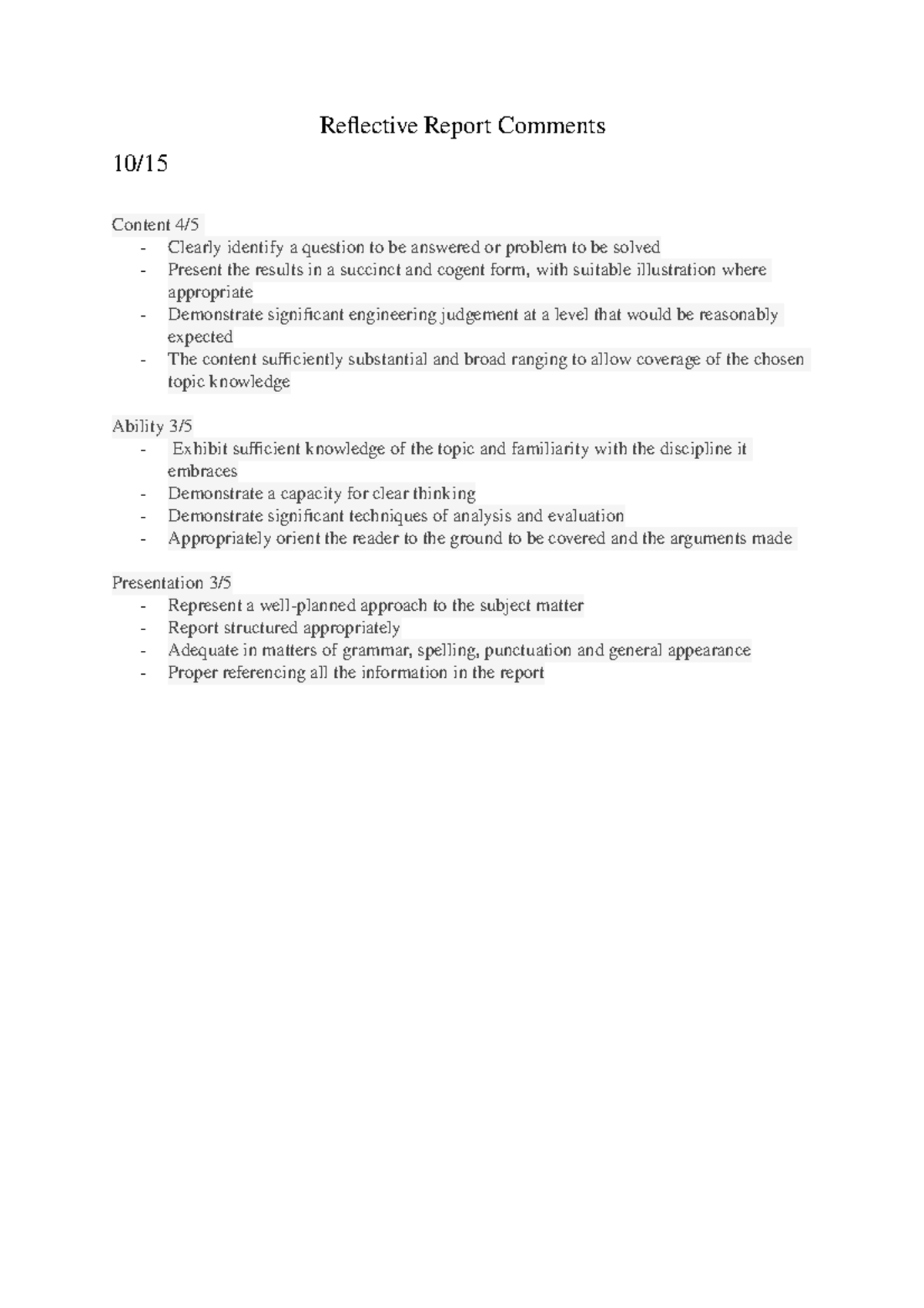 Reflective Report Comments - Reflective Report Comments 10/ Content 4 ...