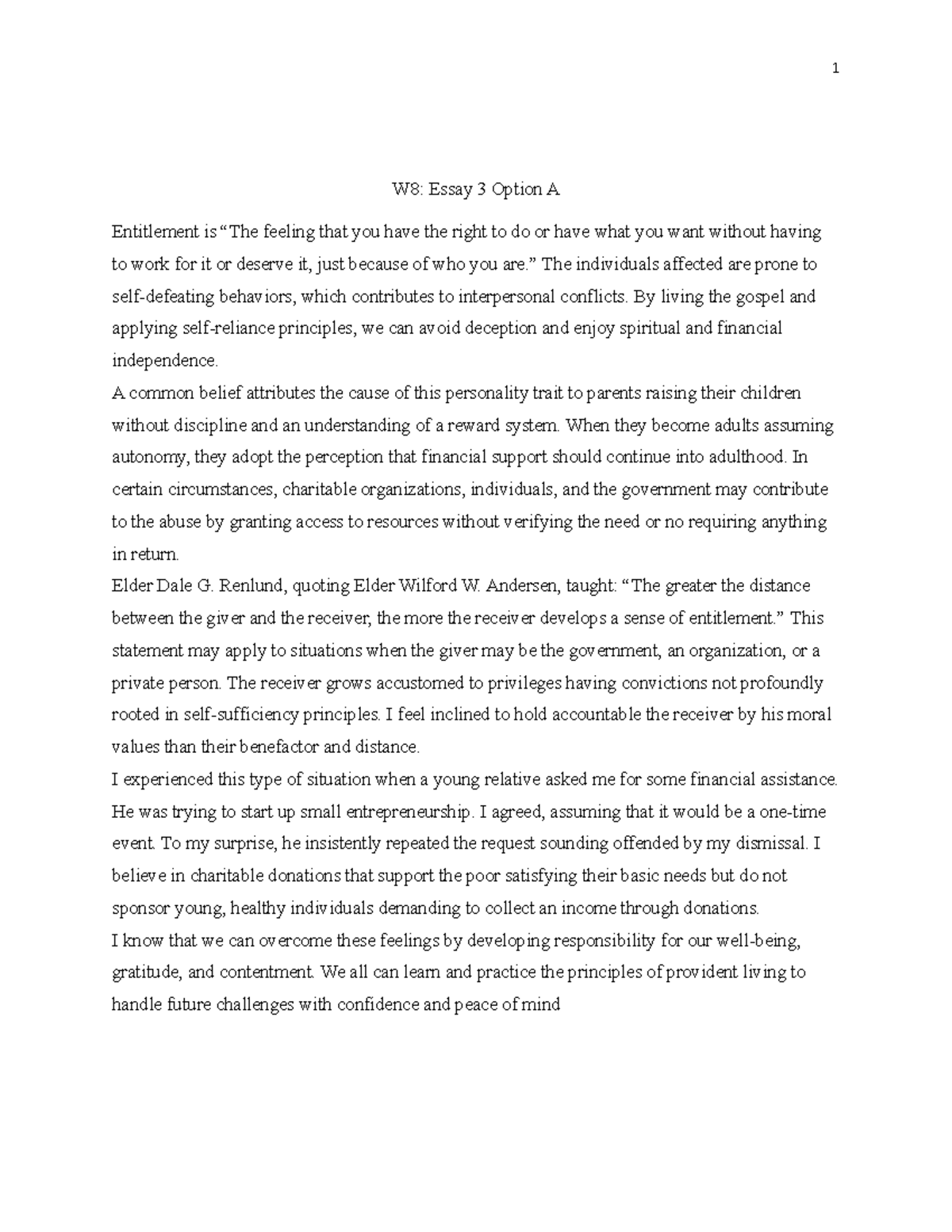 W8 Essay 3 Option 1 - Grade: A - 1 W8: Essay 3 Option A Entitlement is ...